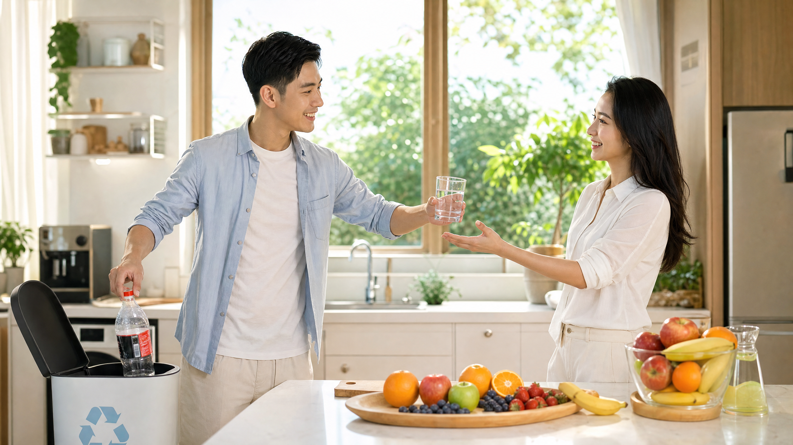 A happy young Chinese couple in a bright, modern kitchen during summer. The handsome husband is smiling and handing a glass of pure warm water to his beautiful wife, while throwing away a bottle of soda into the recycling bin. Fresh fruits are on the counter. Warm, cheerful atmosphere, bright studio lighting, photorealistic, high quality, 8k, lifestyle editorial style.