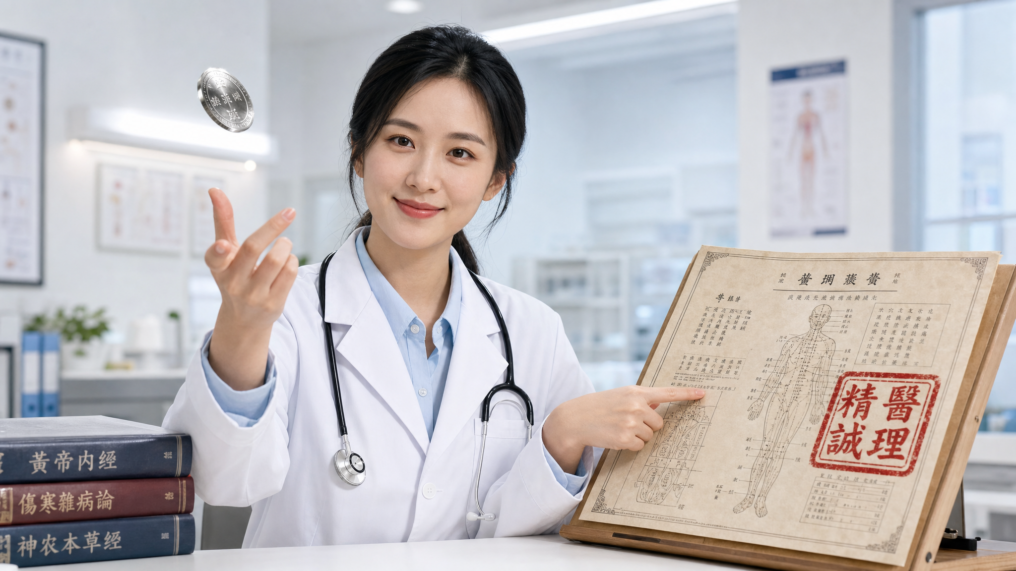 A creative conceptual photography shot. A young Chinese female doctor in a white coat is smiling gently, holding a shiny silver coin flipping in the air with one hand, and pointing at a piece of traditional Chinese paper chart stamped with a big red seal in the other hand. Bright and clean clinic background, professional lighting, depth of field, realistic texture, 8k. --ar 16:9