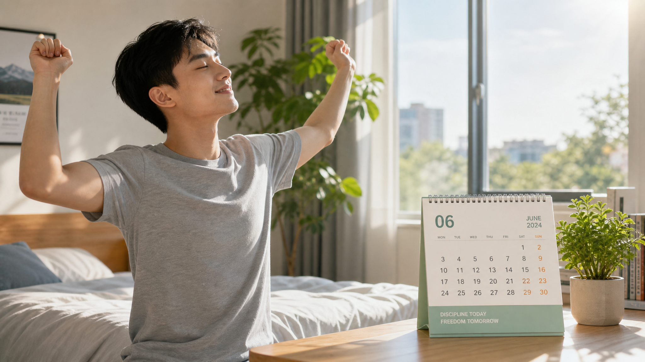 A handsome young Chinese man stretching comfortably in a bright, modern bedroom with morning sunlight streaming through the window. Next to him on a desk is a clear, minimalist calendar with a mint green and warm orange color palette. Fresh green plants in the background. High quality, photorealistic, soft natural lighting, conveying a sense of health, discipline, and hope.