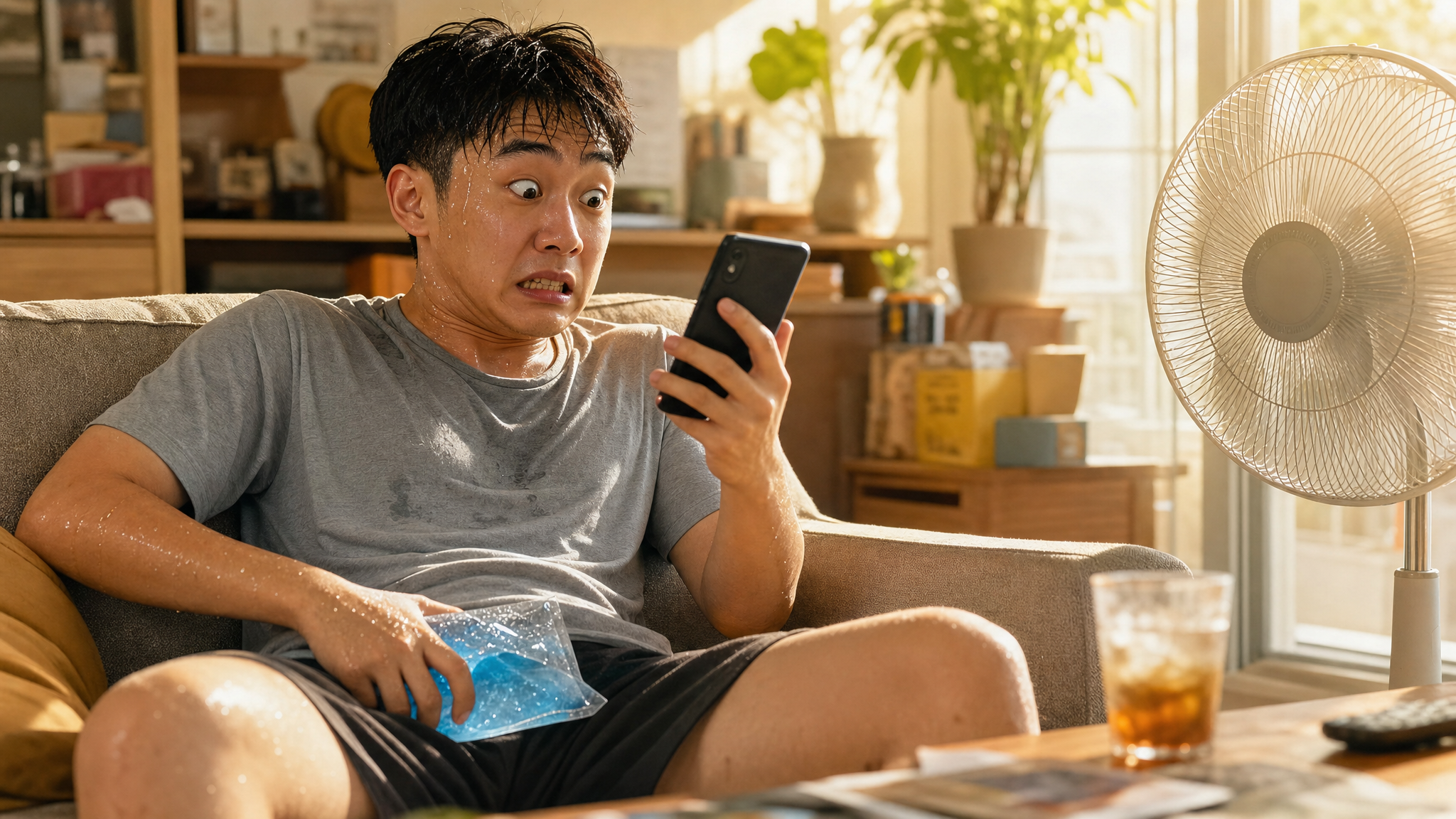 A funny and exaggerated medium shot of a young Chinese man sitting on a sofa in summer, sweating profusely, looking nervously at his smartphone. He is holding an ice pack near his lap. The lighting is bright and warm, emphasizing the summer heat. Shot on 35mm lens, highly detailed, realistic style, cinematic lighting, 8k resolution. --ar 3:4