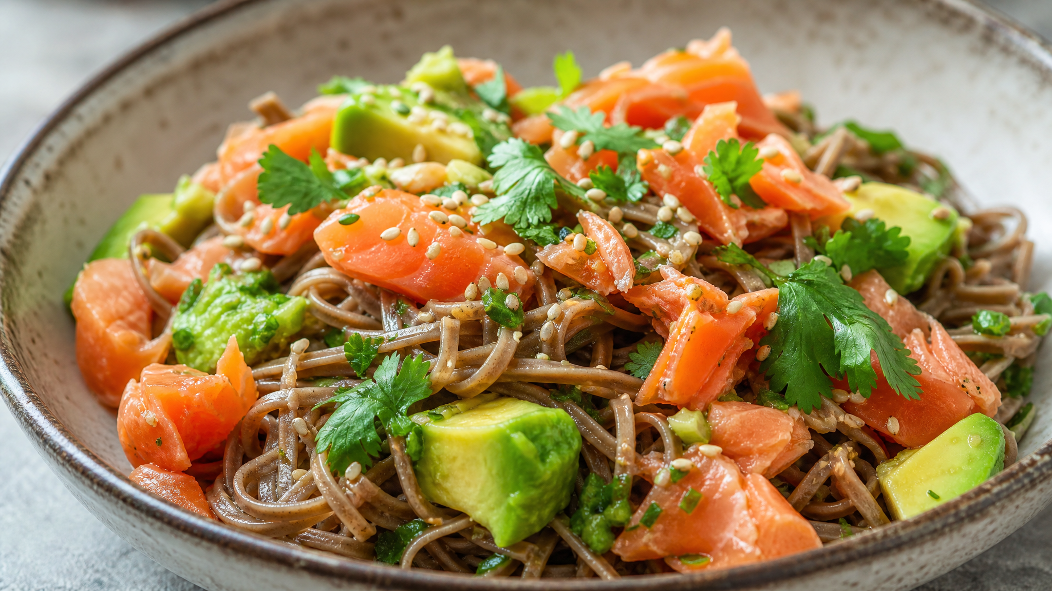Close-up macro food photography of a salmon and avocado buckwheat noodle salad in a beautiful ceramic bowl. Fresh ingredients, vibrant colors, soft natural lighting, depth of field, minimalist background, highly detailed, photorealistic, 8k --ar 3:4