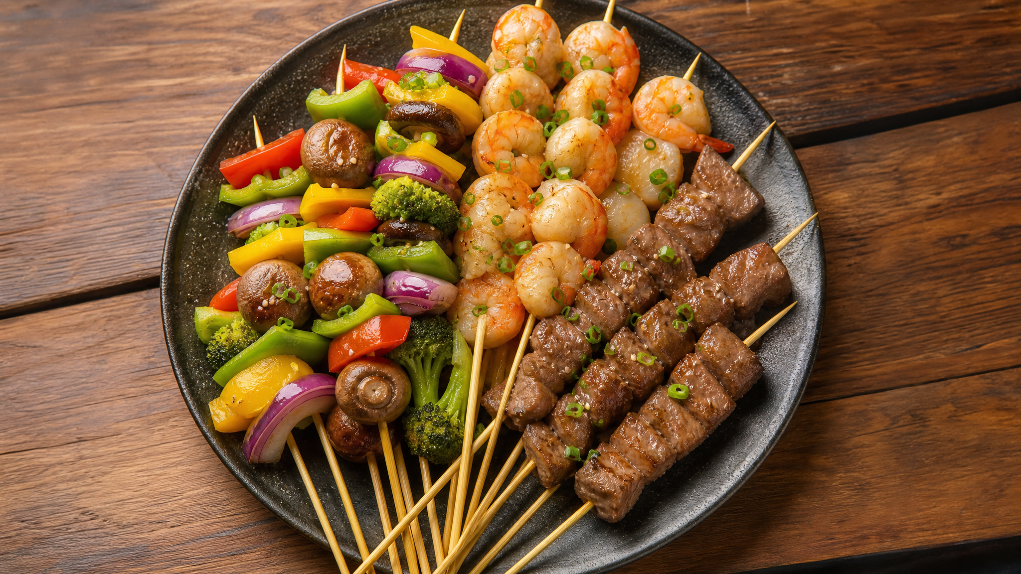 A top-down view of a beautifully arranged plate at a Chinese night market, featuring a healthy balance of food: half colorful vegetable skewers (bell peppers, mushrooms), one quarter fresh seafood skewers, and one quarter lean meat skewers. No burnt edges, appetizing colors, soft warm lighting, food photography, 4k, highly detailed.