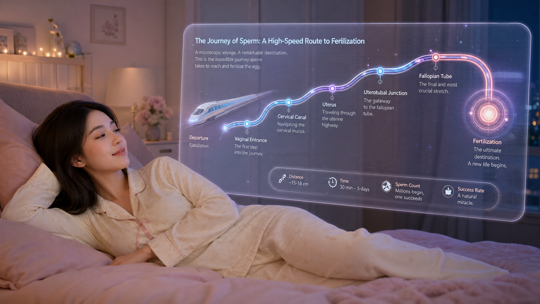 A creative and aesthetic 3D illustration integrating a relaxed young Chinese woman lying peacefully on a comfortable bed. Beside her, a glowing, futuristic yet soft-toned holographic diagram showing the scientific route of sperm traveling through the female reproductive tract, resembling a high-speed train network. Soft ambient lighting, pastel colors, educational yet stylish, high quality.