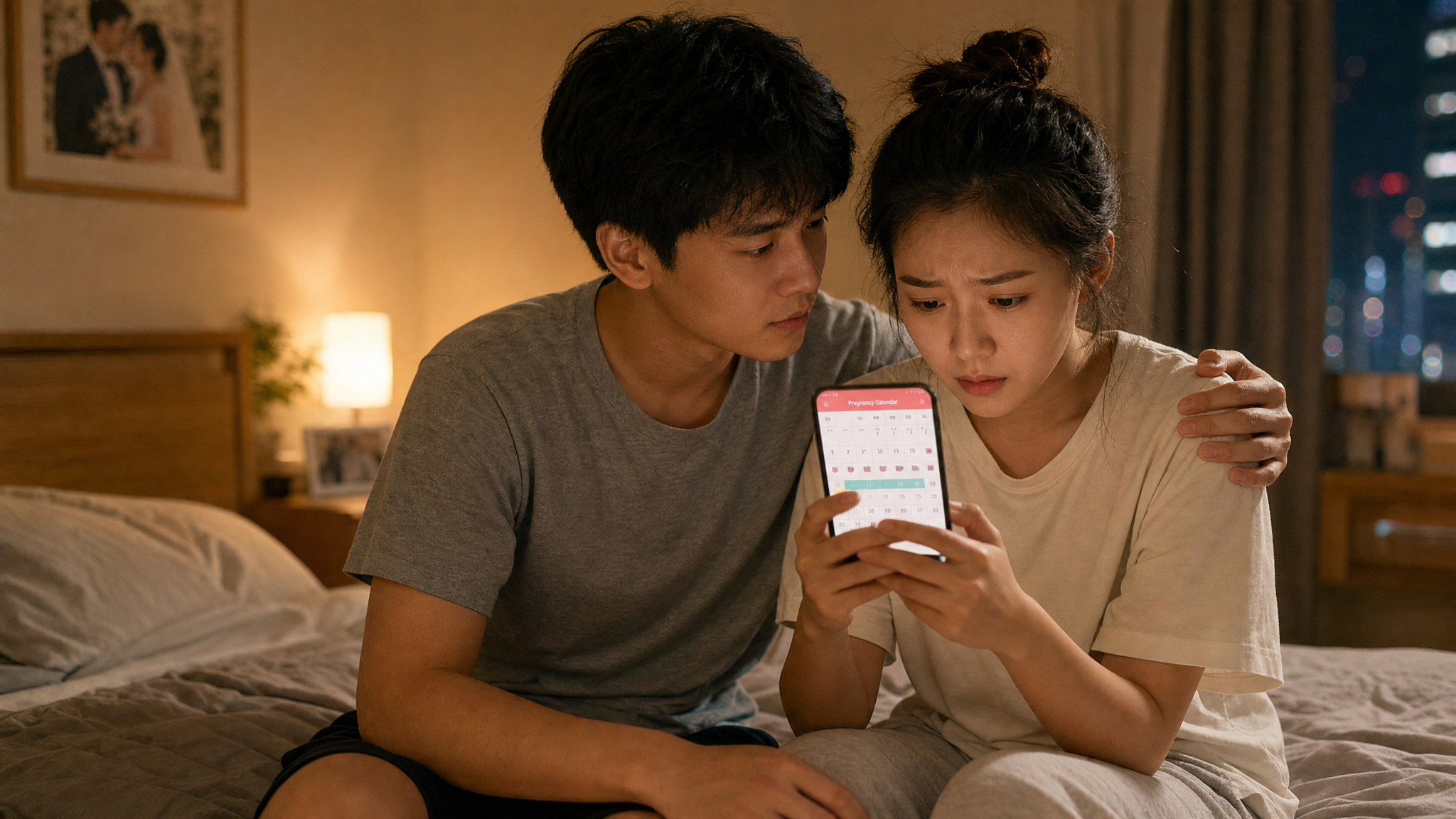 A young Chinese couple in a cozy bedroom, the wife is looking at a pregnancy calendar on her smartphone with an anxious expression, the husband is sitting next to her and gently comforting her. Warm indoor lighting, cinematic texture, highly detailed, photorealistic, 8k resolution.