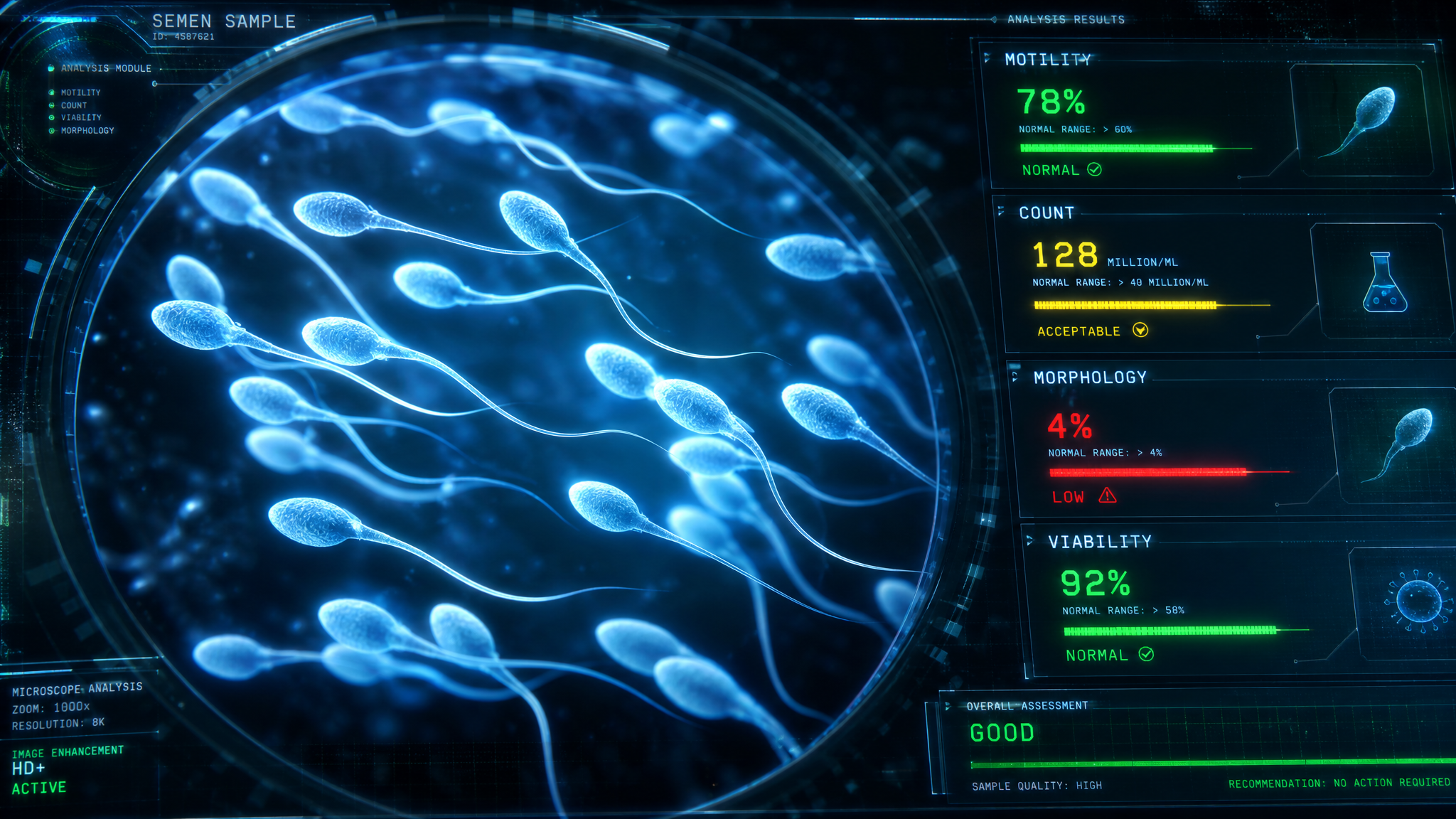 Microscopic view of healthy glowing sperms swimming, combined with a futuristic holographic medical chart showing green, yellow and red warning lights, cold tech tone, neon blue and green lighting, highly detailed, scientific visualization, 8k, Unreal Engine 5 render --ar 3:4