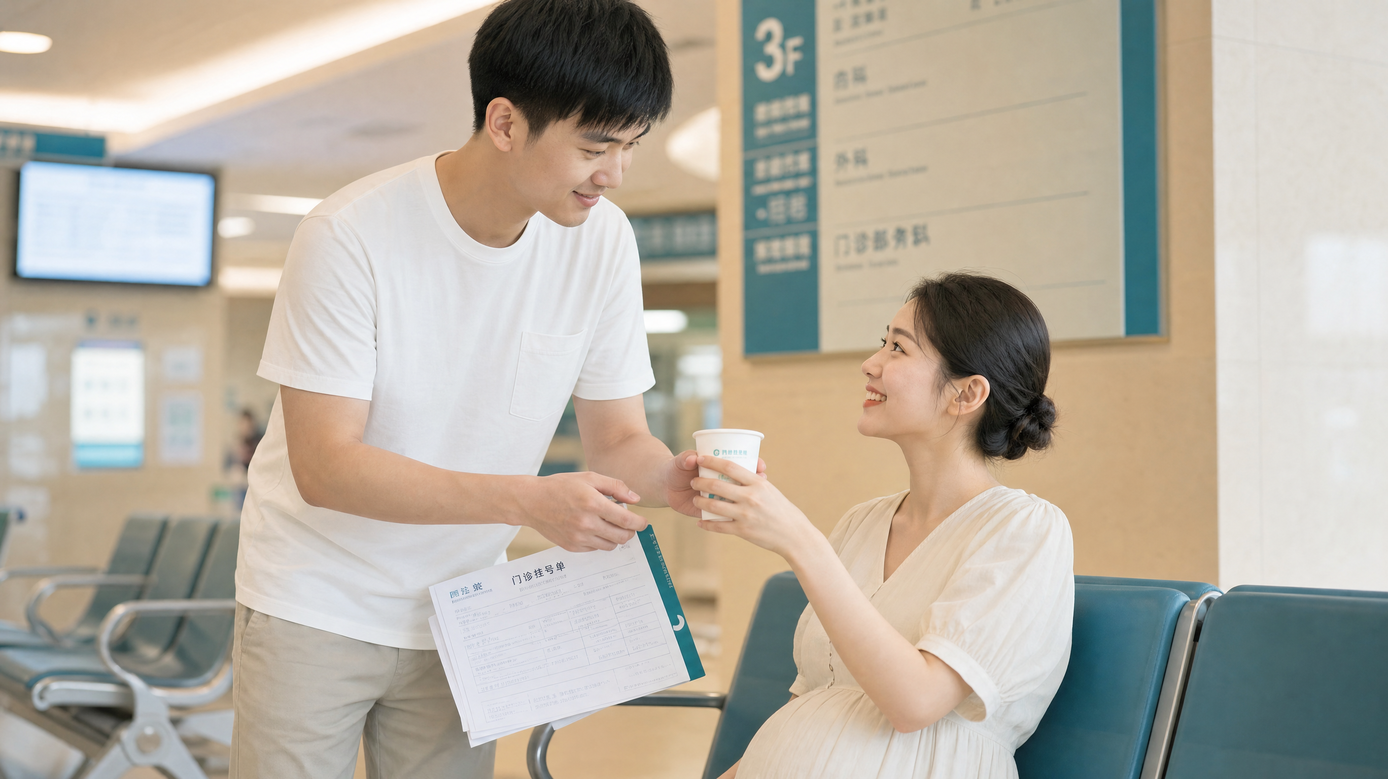 A caring young Chinese husband in a hospital waiting area, handing a cup of warm water to his wife. The wife is sitting on a chair, smiling and taking the cup. The husband is holding several registration forms in his other hand. Heartwarming scene, refreshing summer casual wear, cinematic lighting, realistic style, 8k resolution, highly detailed faces.