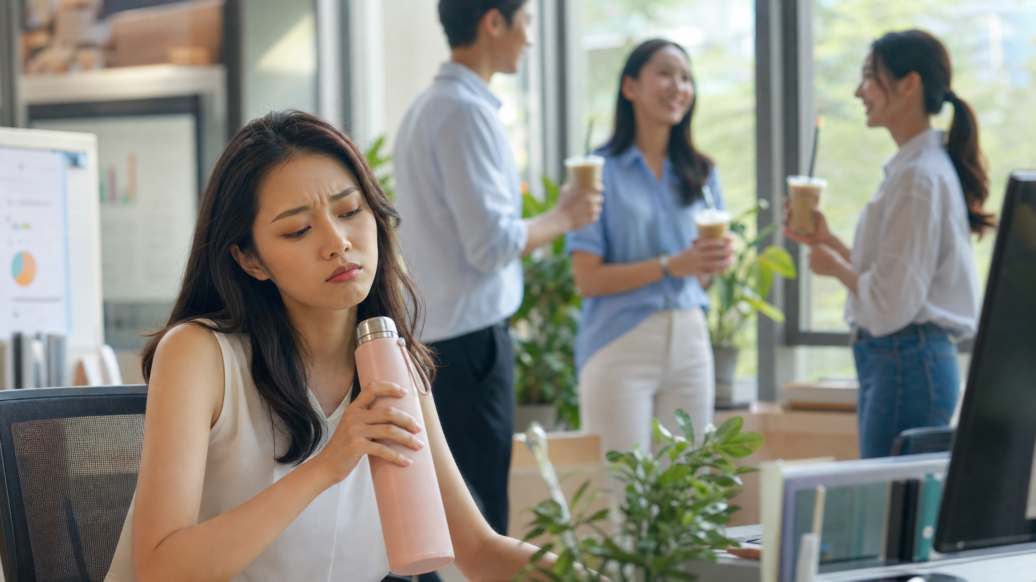 A high-quality lifestyle photography shot. A young Chinese woman sitting at an office desk in summer, looking slightly frustrated while holding a pink thermos of warm water. In the blurred background, colleagues are happily holding iced coffees. Soft natural lighting from the window, cinematic color grading, realistic, 8k resolution, shot on 85mm lens. --ar 3:4