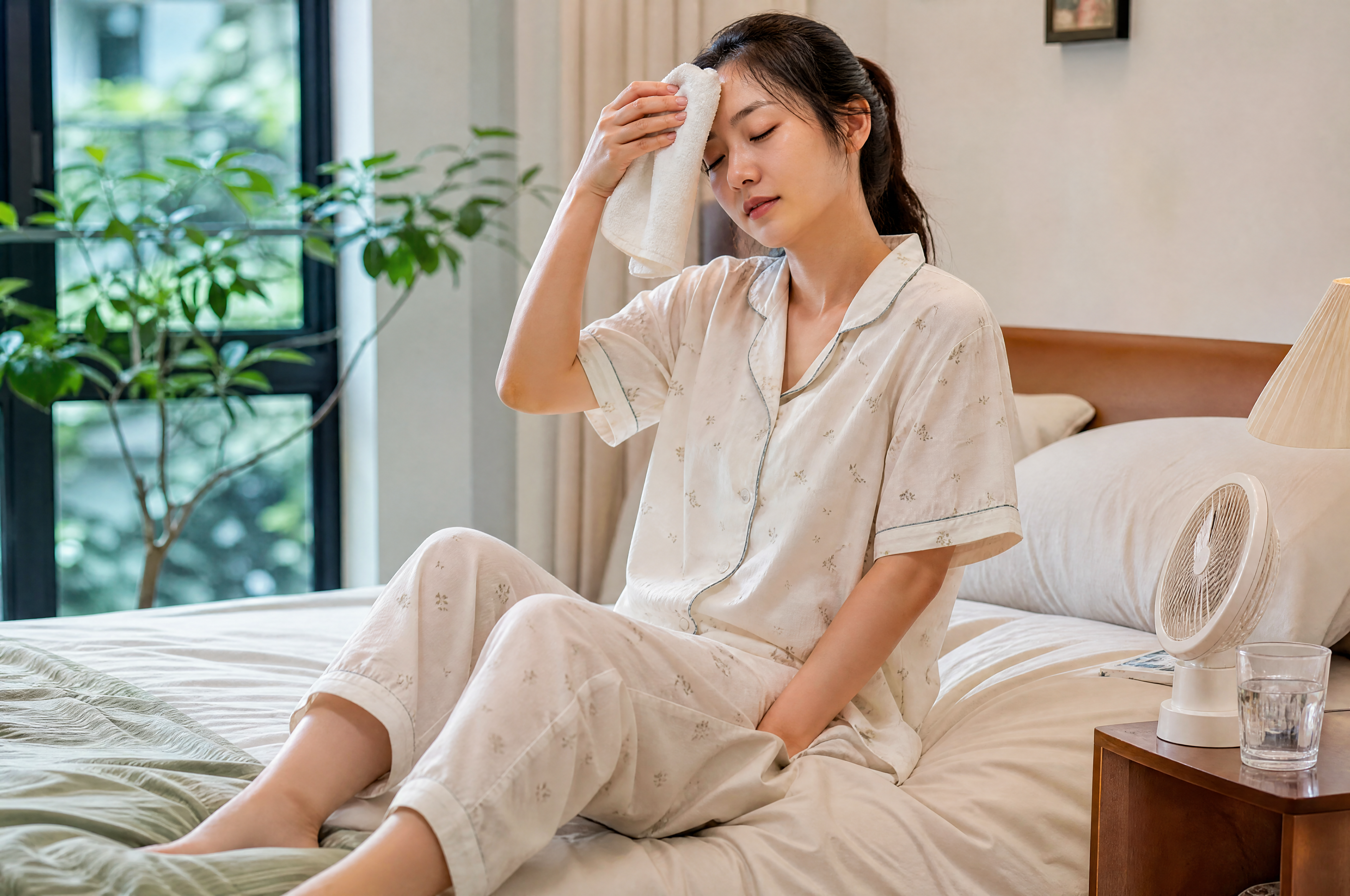 A photorealistic image of a young Chinese mother sitting on a cozy bed in a modern, brightly lit bedroom during summer. She is wearing light, breathable cotton pajamas, gently wiping sweat from her forehead with a soft towel. The room has a comfortable and clean atmosphere, soft natural light coming from the window, high quality, 8k resolution, gentle color palette.