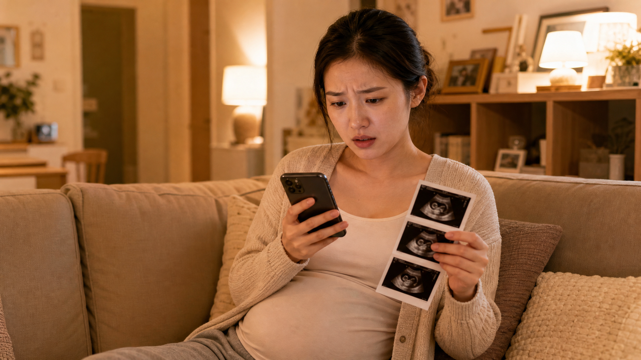 A young Chinese pregnant woman sitting on a cozy sofa, holding an ultrasound scan paper in one hand and looking at her smartphone in the other hand with a confused and slightly anxious expression. Warm indoor lighting, soft tones, realistic photography, 8k resolution, cinematic lighting, highly detailed. --ar 3:4