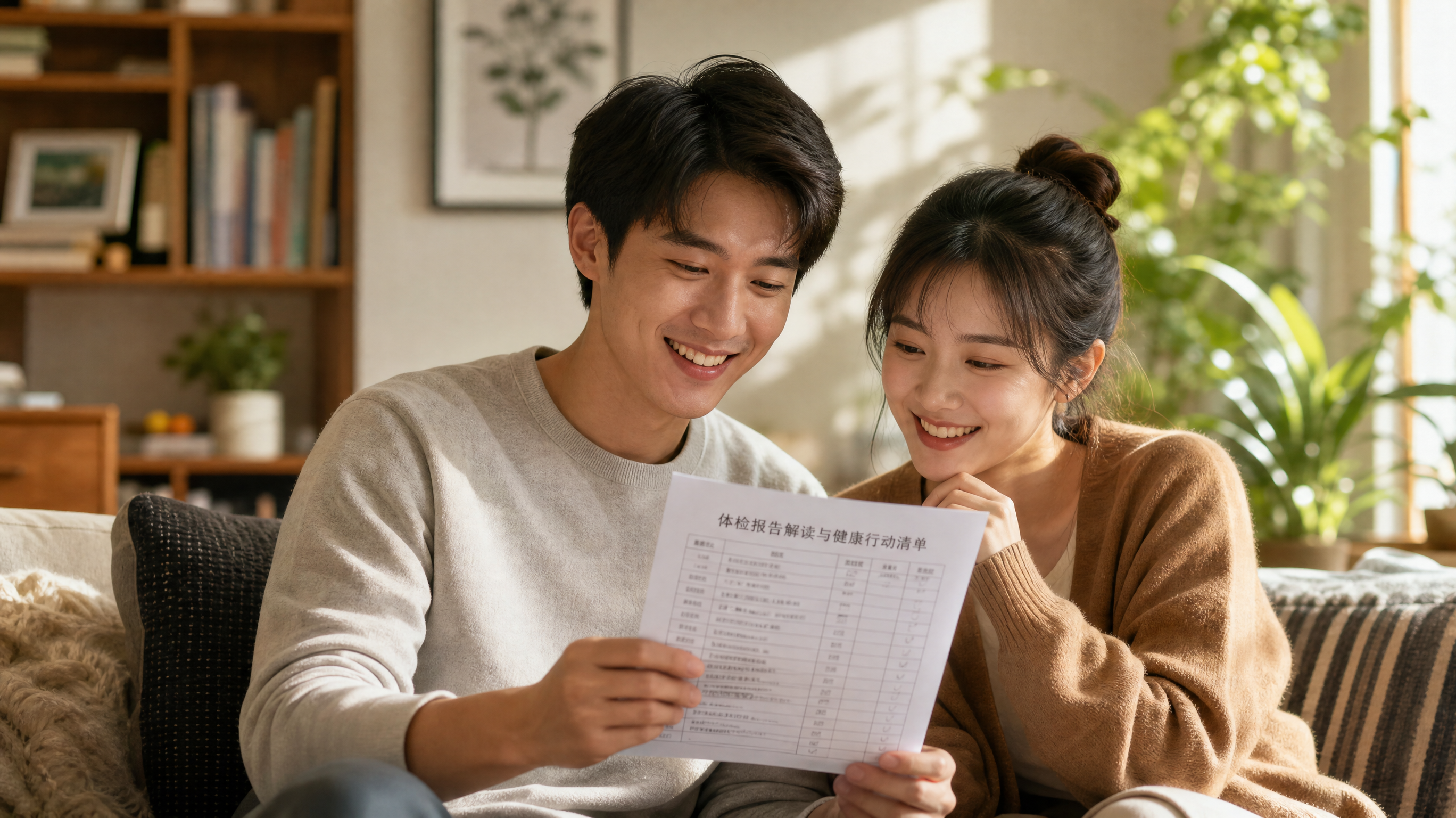 A warm and cinematic shot of a young Chinese couple sitting on a cozy living room sofa. They are looking at a medical health checklist together with relaxed and happy smiles, letting go of traditional anxiety. Soft natural sunlight filtering through the window, healing color palette, high quality, 8k resolution, photorealistic.