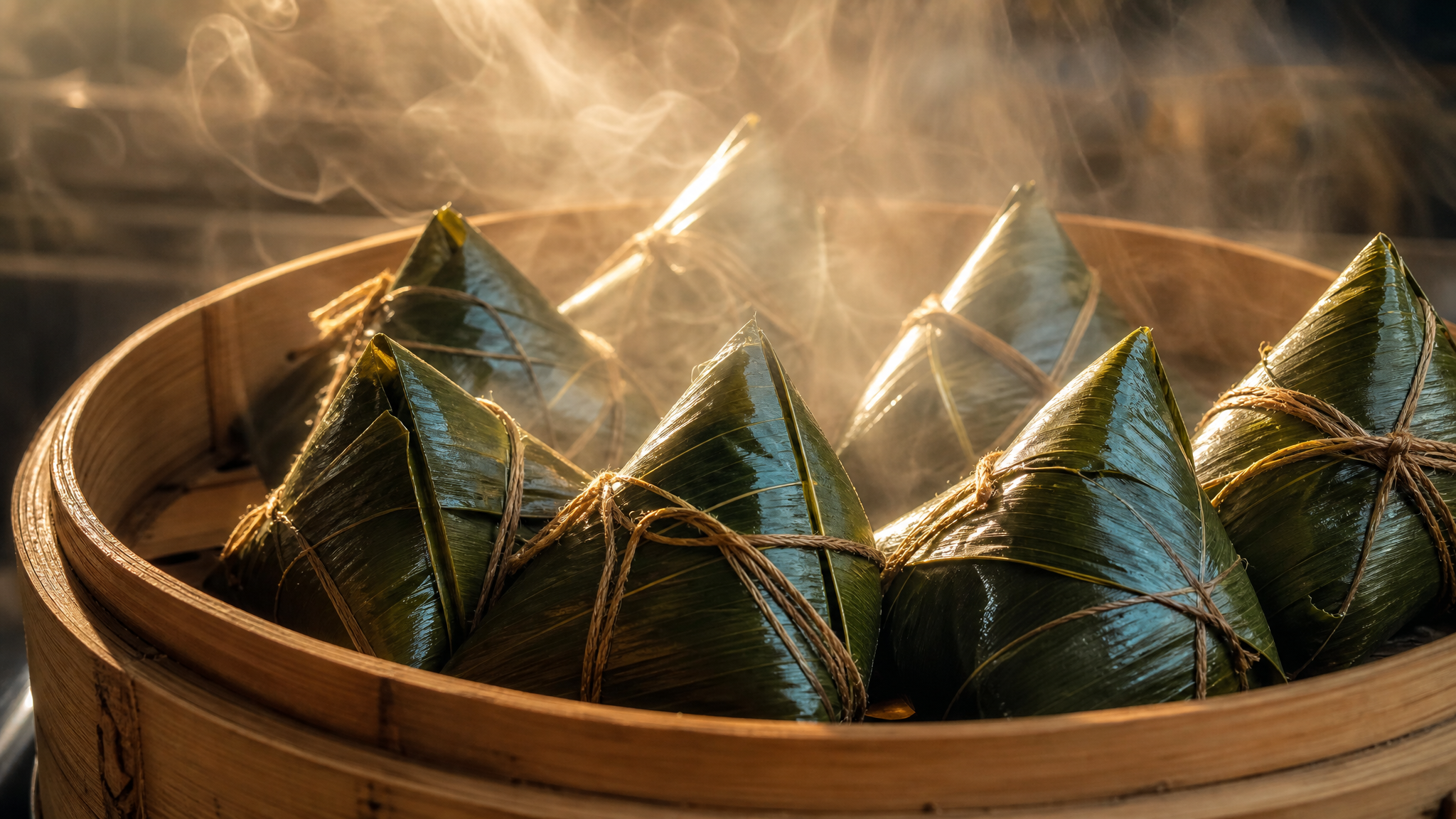 Close up of traditional Chinese Zongzi being steamed in a bamboo steamer, lots of hot steam rising, warm and safe atmosphere, highly detailed texture of bamboo leaves, cinematic lighting, food photography, 8k.