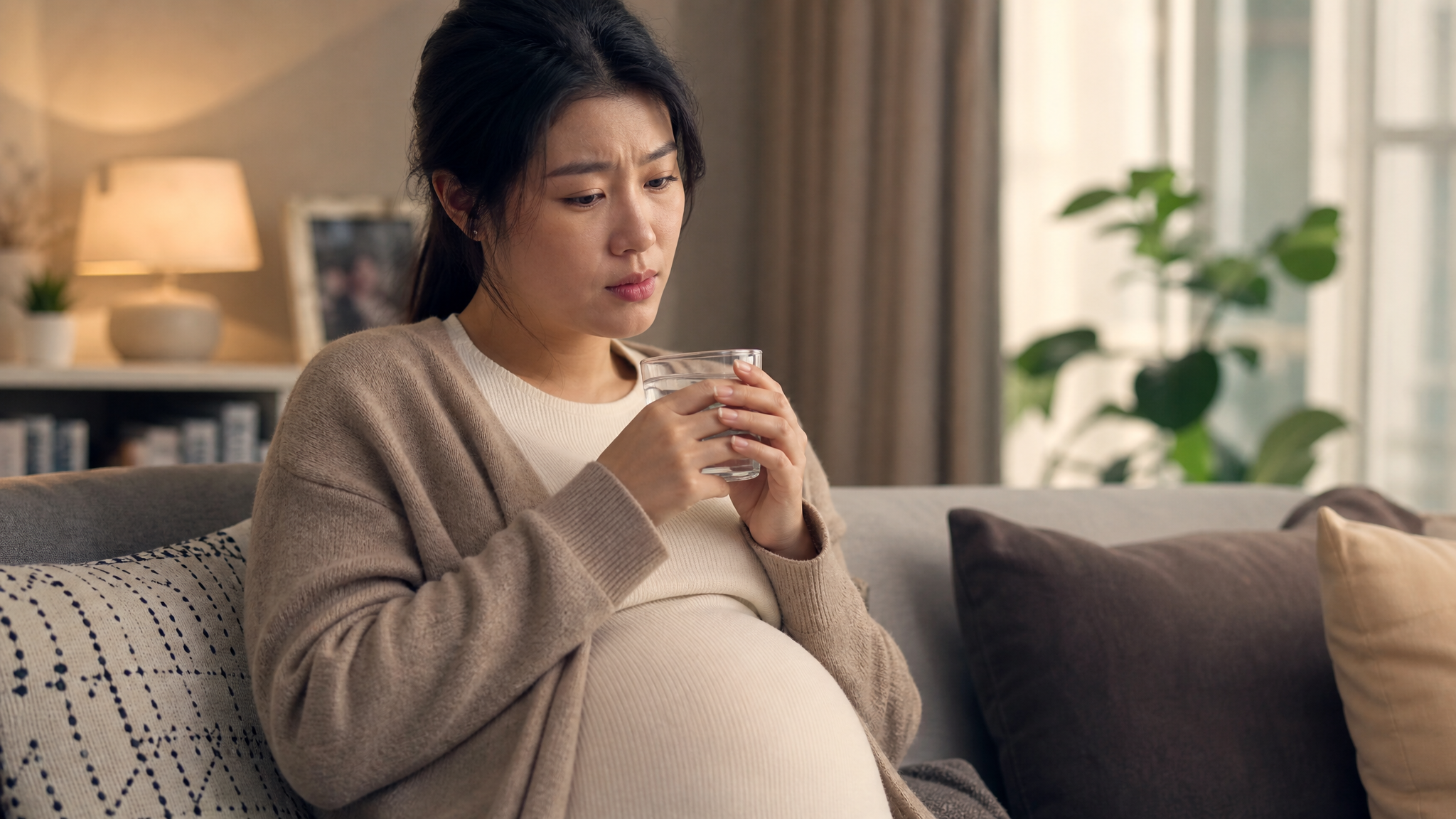 A cinematic shot of a young Chinese pregnant woman looking slightly stressed and overwhelmed, sitting on a cozy living room sofa, holding a cup of warm water, warm indoor lighting, soft focus background, high quality, 8k, photorealistic --ar 3:4