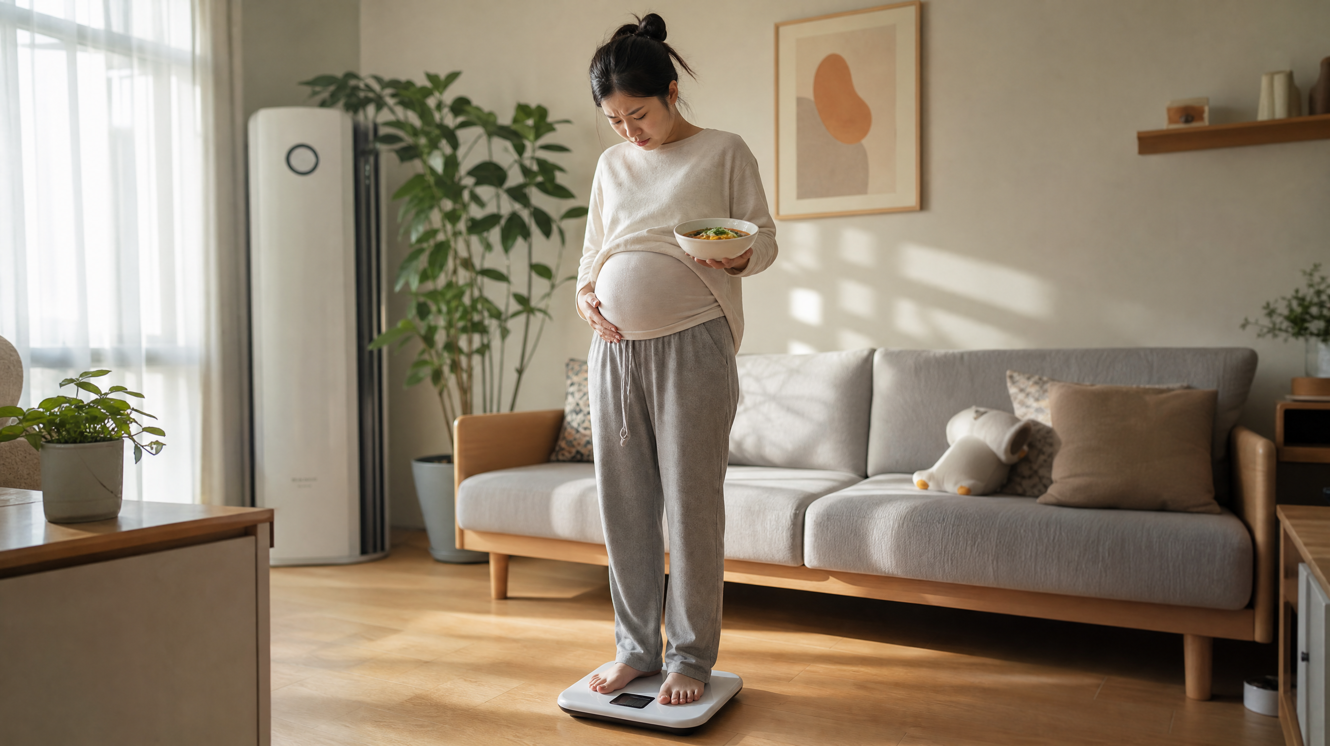 A young Chinese pregnant woman standing on a weight scale in a cozy modern living room, looking slightly worried at the numbers, holding a bowl of rich soup in one hand. Soft natural sunlight coming from the window, cinematic lighting, photorealistic, 8k resolution, highly detailed, relatable lifestyle photography.