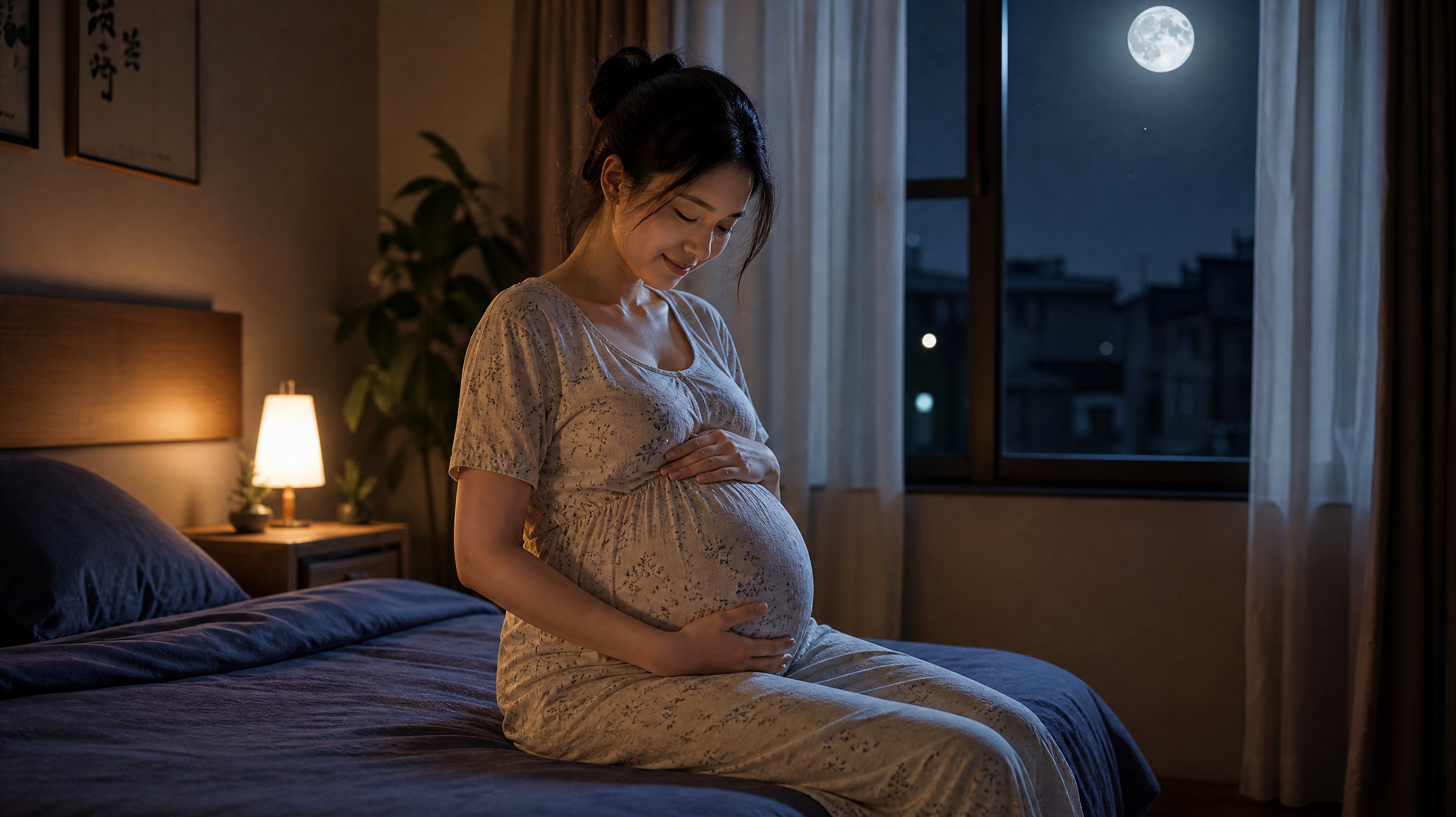 A young beautiful Chinese pregnant woman sitting on the edge of the bed in a dimly lit bedroom, summer night, gently touching her pregnant belly with both hands, warm soft lighting, peaceful expression, smiling gently, wearing comfortable sleepwear, indigo and moonlight gold color palette, highly detailed, 8k, photorealistic --ar 3:4
