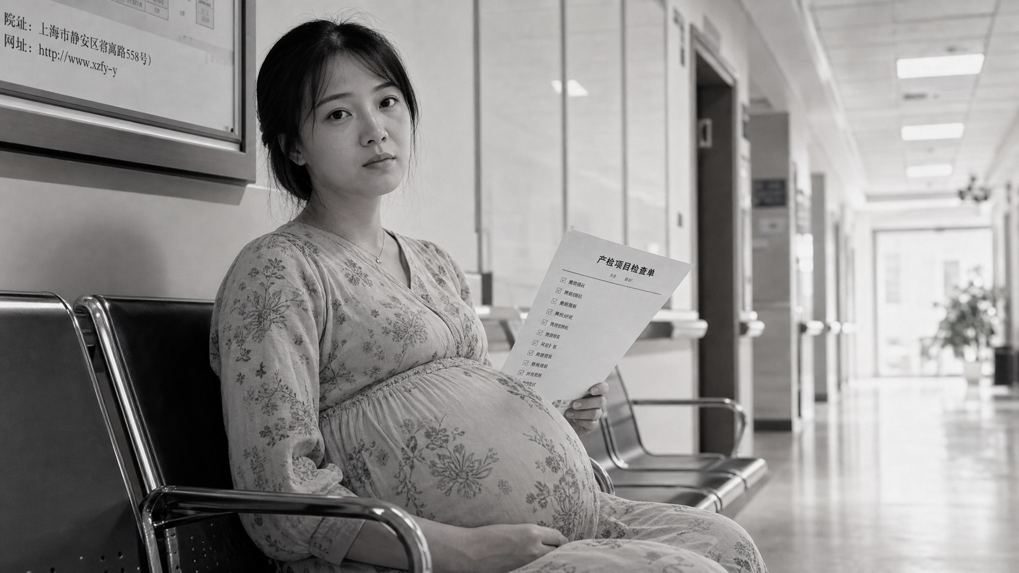 A Chinese pregnant woman sitting on a hospital bench, looking slightly tired but holding a medical checklist, soft natural lighting, warm hospital corridor background, hyper-realistic, 8k resolution, cinematic lighting, photography by Peter Lindbergh.