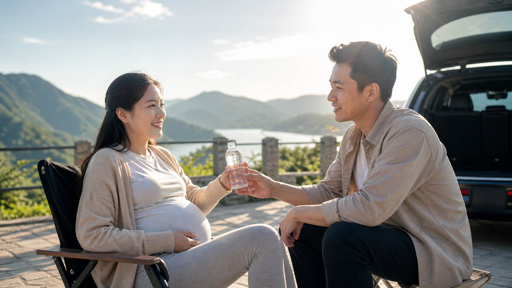 A heartwarming scene of a young Chinese husband handing a water bottle to his pregnant wife while resting at a scenic rest stop during a road trip. The wife is smiling gently, wearing comfortable maternity clothes. Sunny day, soft backlighting, cinematic lighting, photorealistic, shot on 35mm lens, 8k.