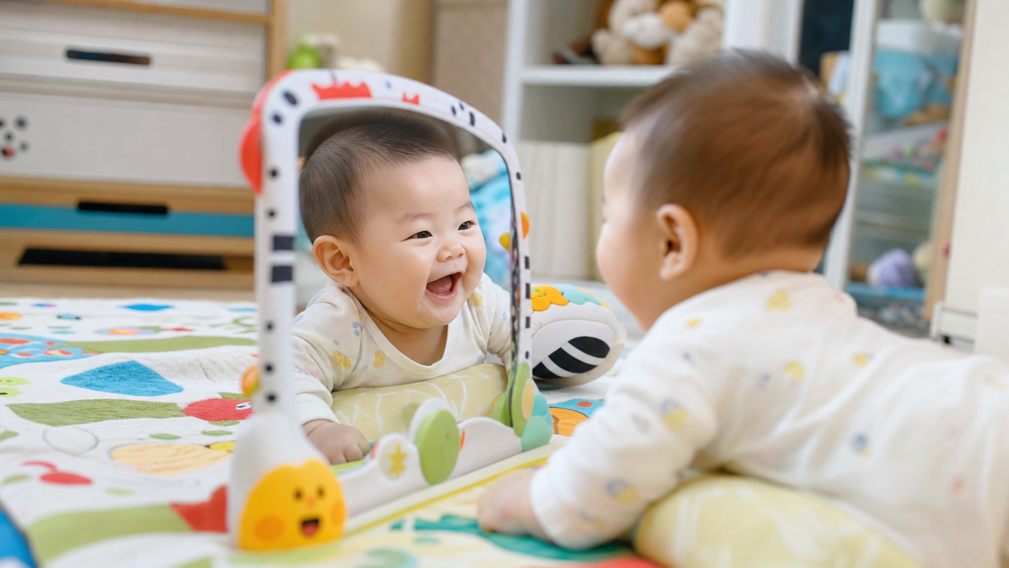 A cute 4-month-old Chinese baby doing tummy time on a soft colorful playmat, looking at a baby-safe floor mirror with a big happy smile. Soft natural indoor lighting, warm and cozy nursery room background. Photorealistic, 8k resolution, highly detailed, shot on 35mm lens, bright and cheerful atmosphere. --ar 3:4