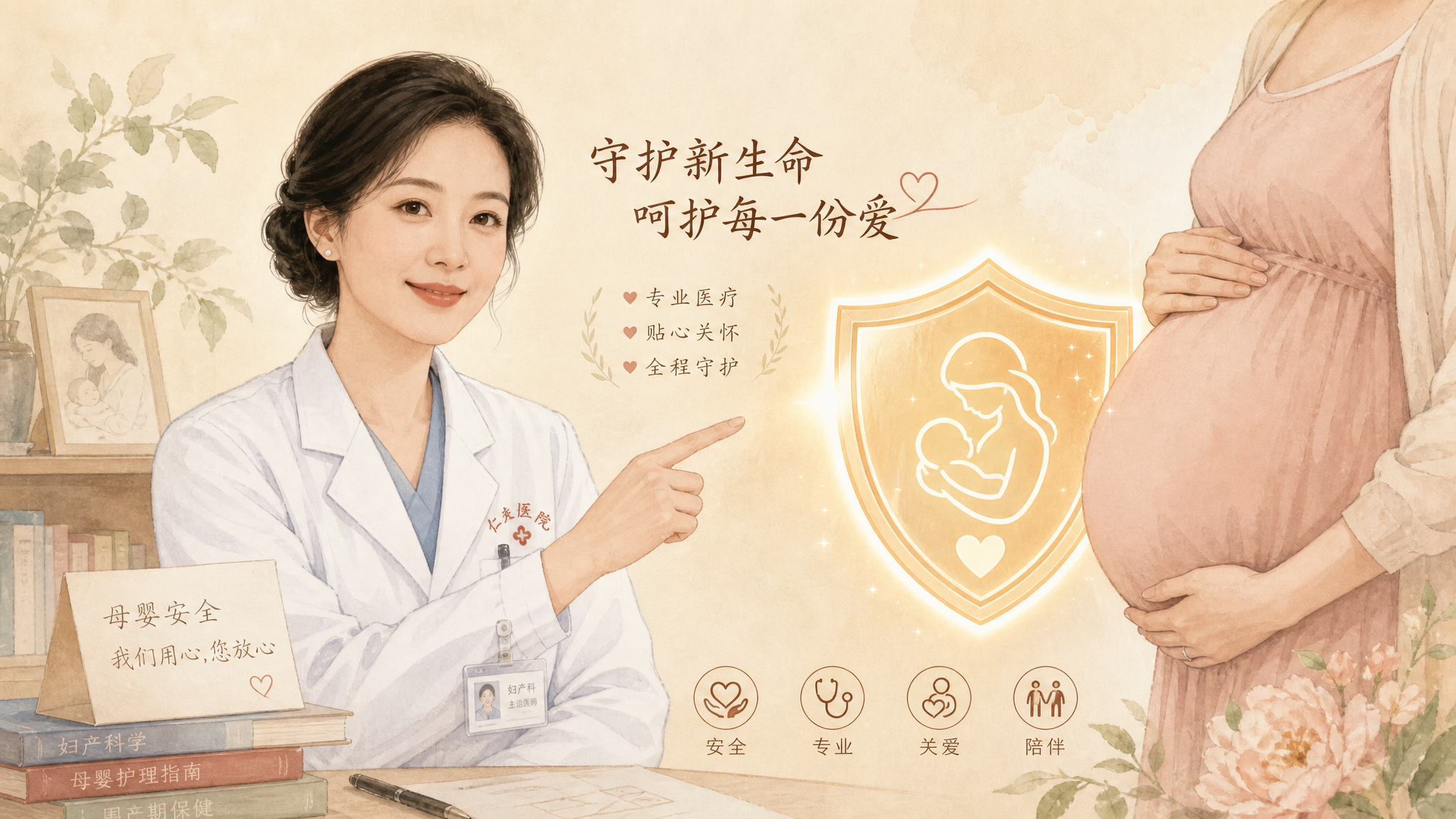 Hand-drawn illustration, soft beige background. A professional Chinese female doctor smiling gently, pointing at a glowing shield symbol next to a pregnant belly, symbolizing safety and maternal protection. Warm lighting, medical and maternal care concept, highly detailed, comforting atmosphere.