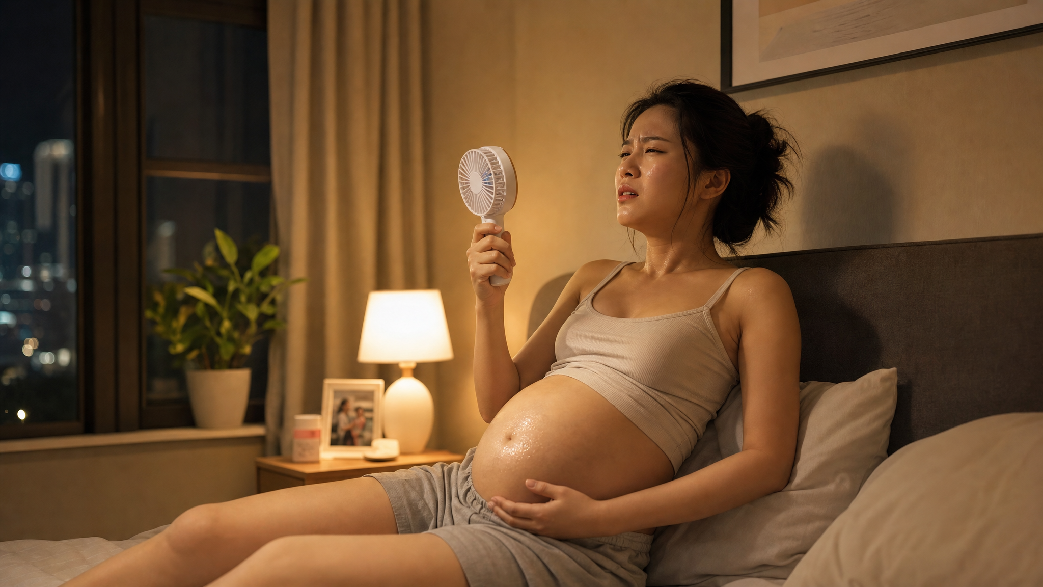 A high-quality lifestyle photo of a young Chinese pregnant woman sitting on a bed in a modern bedroom, looking frustrated and sweating slightly, holding a small handheld fan. Warm summer night lighting, soft shadows, realistic skin texture, 8k resolution, photorealistic, cinematic lighting.