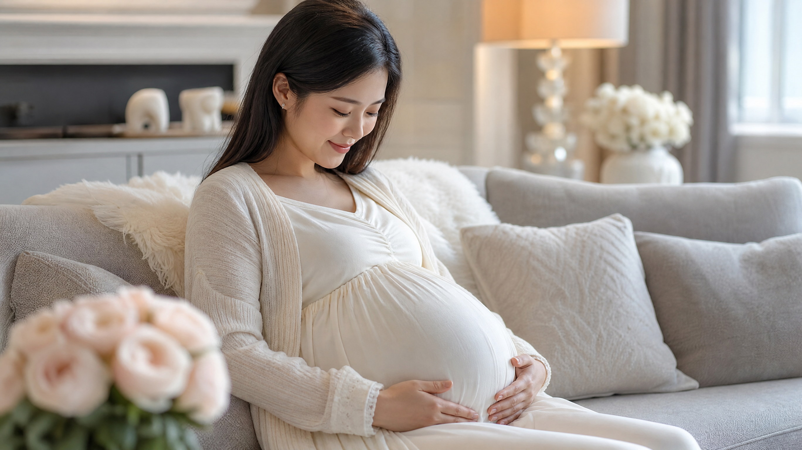 A beautiful Chinese pregnant woman in her third trimester, wearing comfortable soft moon-white homewear, sitting on a cozy sofa. She is gently looking down at her belly with a loving smile. Soft, warm indoor lighting, cinematic lighting, photorealistic, 8k resolution, highly detailed, soft grey and moon-white color palette.