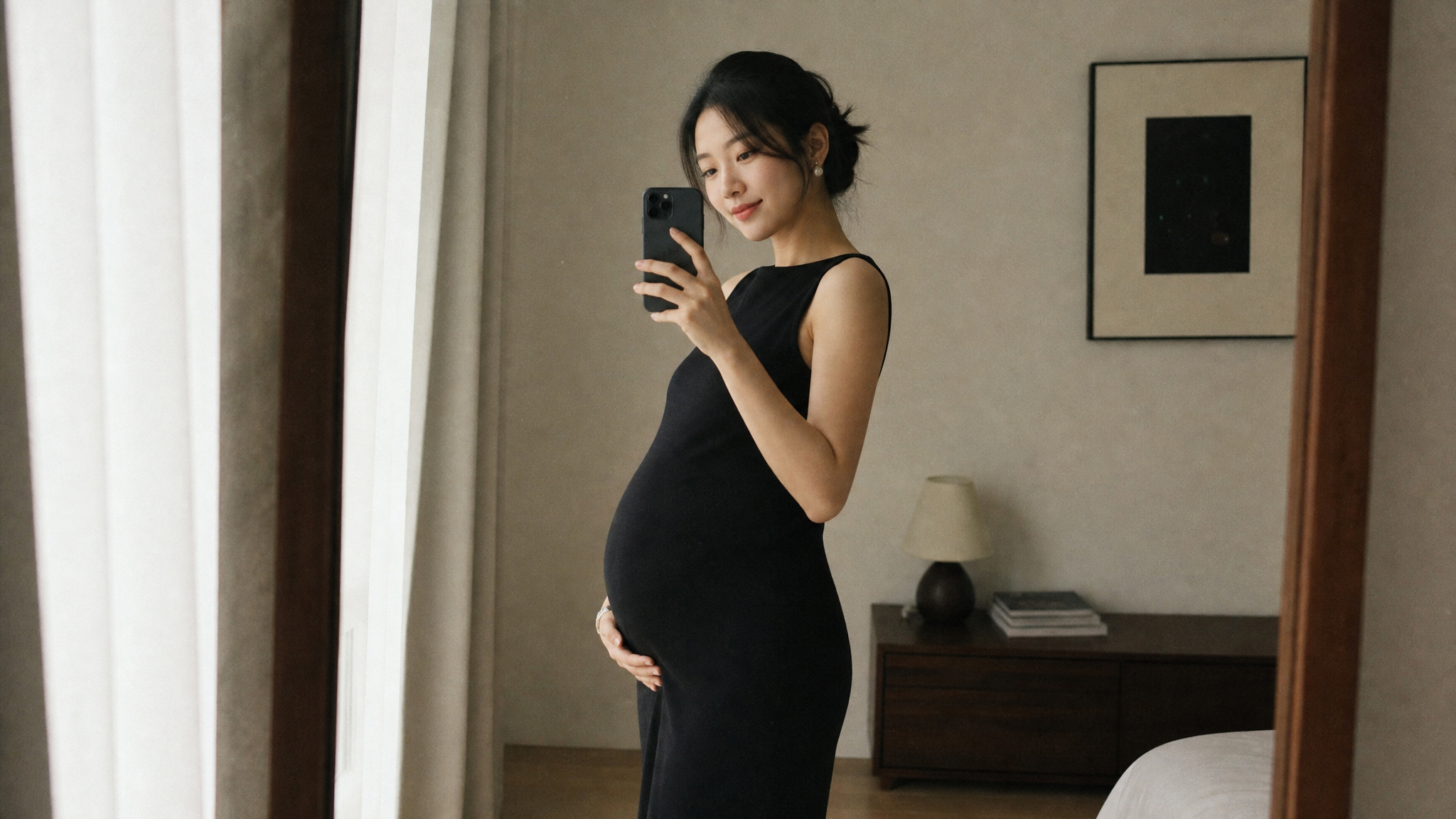 A stylish Chinese pregnant woman taking a mirror selfie with her smartphone. She is standing at a 45-degree angle, wearing a minimalist black straight dress, one hand gently supporting her baby bump. Minimalist room setting, soft daylight. Film photography style, Kodak Portra 400, grainy texture, aesthetic, 1:1 aspect ratio.