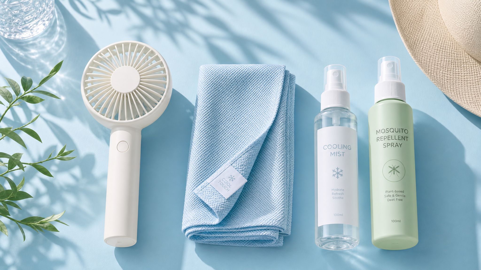 A clean, aesthetic flatlay photography of summer cooling and anti-mosquito products on a light blue background. Includes a minimalist handheld fan, a cooling towel, a fine mist spray bottle, and mosquito repellent spray. Soft natural sunlight casting aesthetic shadows, pastel color palette, high resolution, commercial product photography style.
