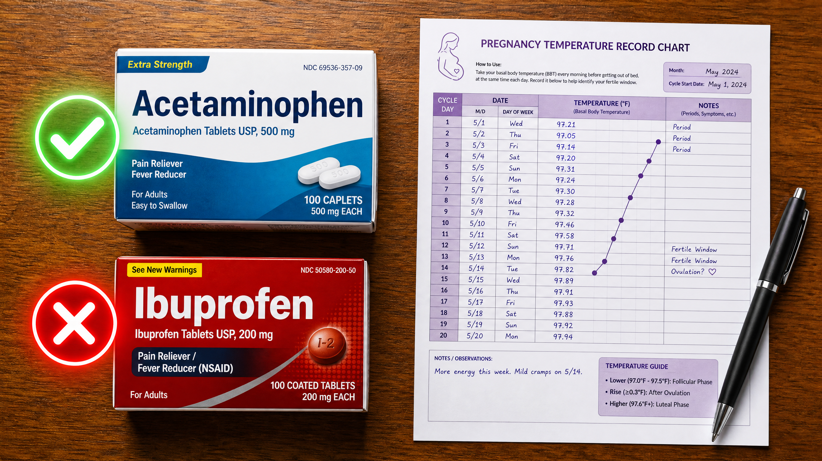 Top-down flat lay view on a wooden table. On the left, a medicine box clearly labeled 