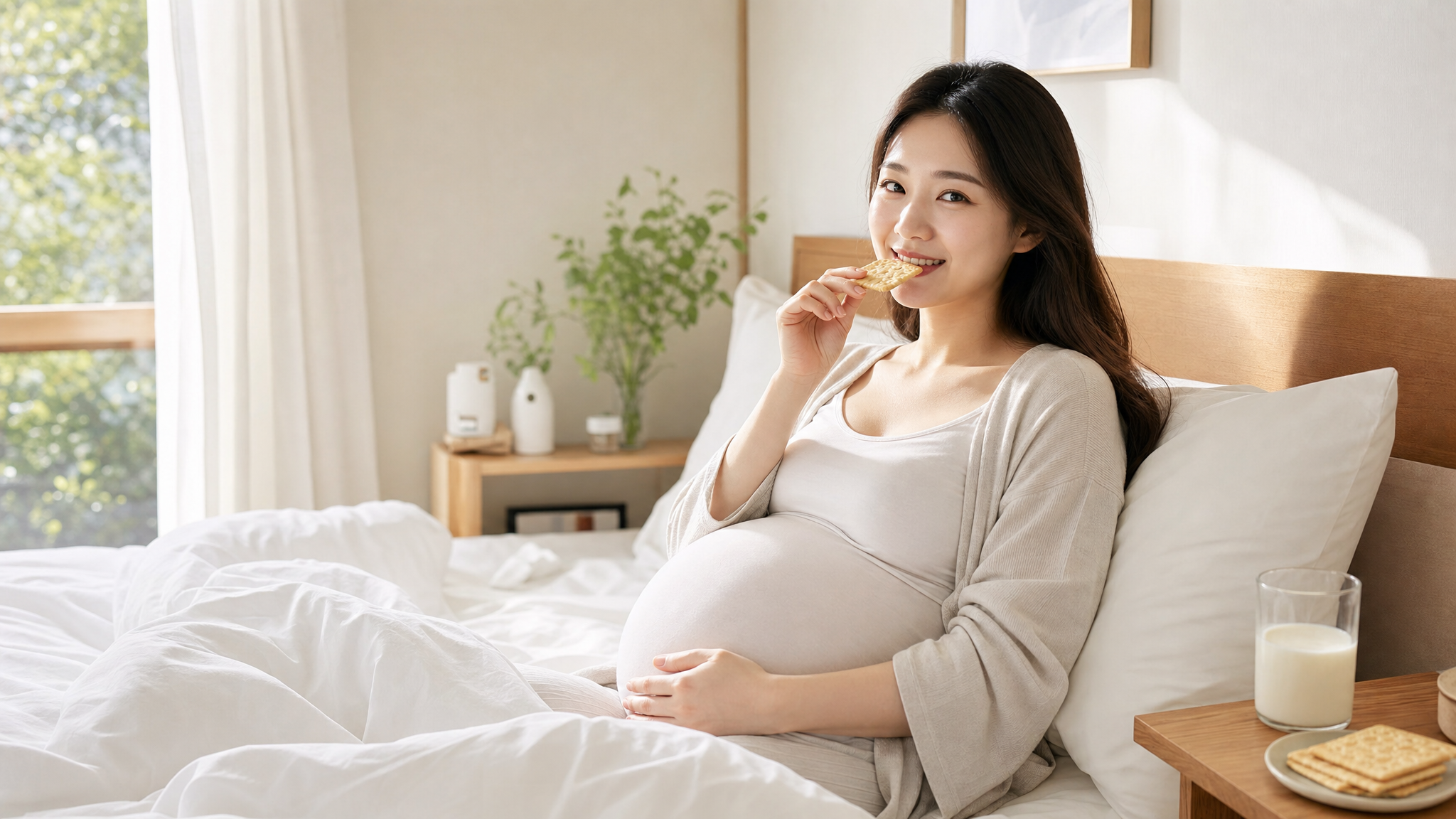A beautiful Chinese pregnant woman smiling gently, sitting in a cozy bed in the morning, eating soda crackers. On the bedside table, there is a glass of warm milk and a few more crackers. Bright and sunny, Japanese fresh style, highly detailed, photorealistic.