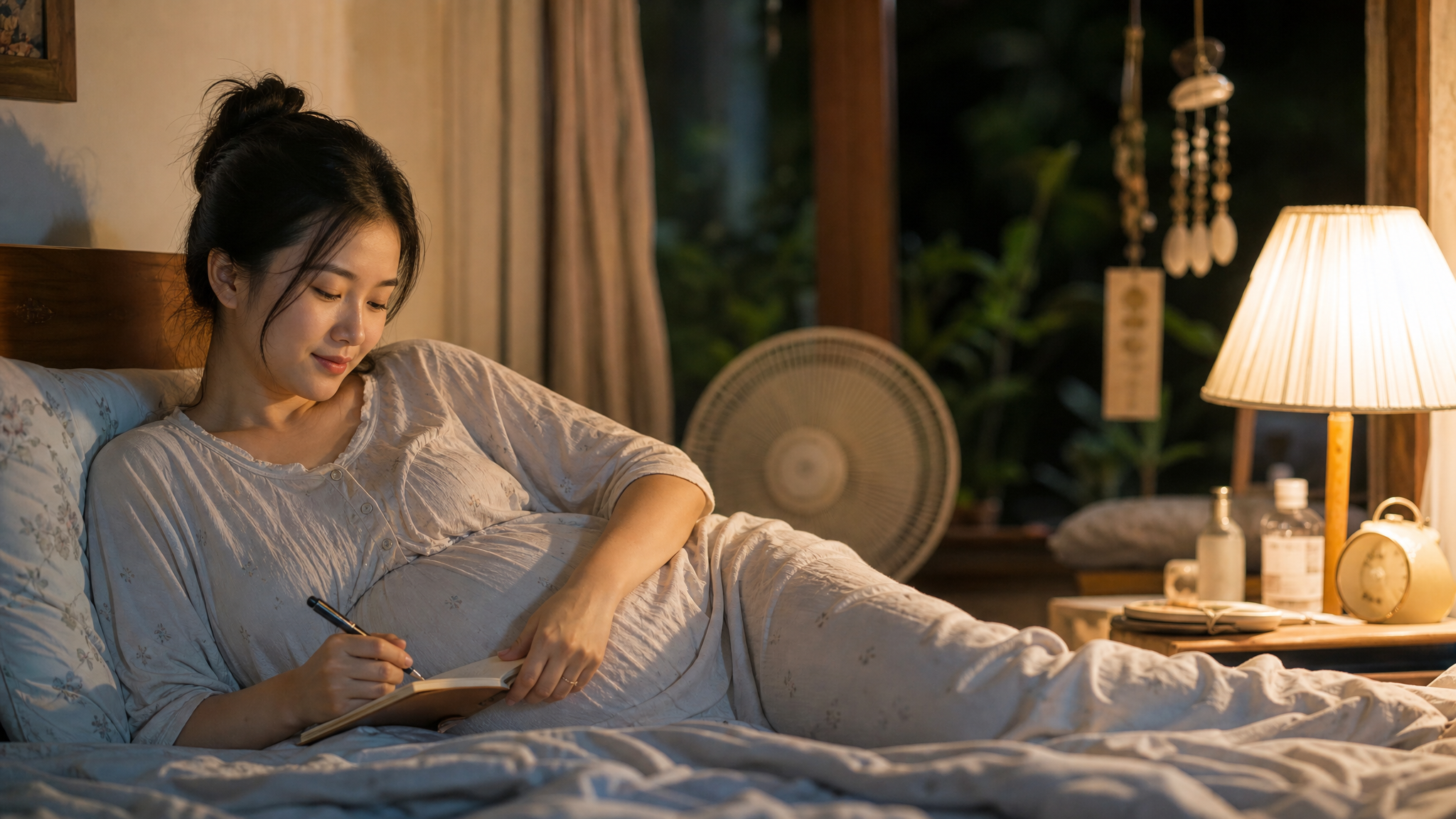 A serene Chinese pregnant woman half-lying on her left side in a comfortable bed at night, writing in a small diary under warm, soft bedside lamp lighting, a small fan and wind chimes in the background, cozy summer night vibe, high quality, cinematic lighting, photorealistic --ar 3:4