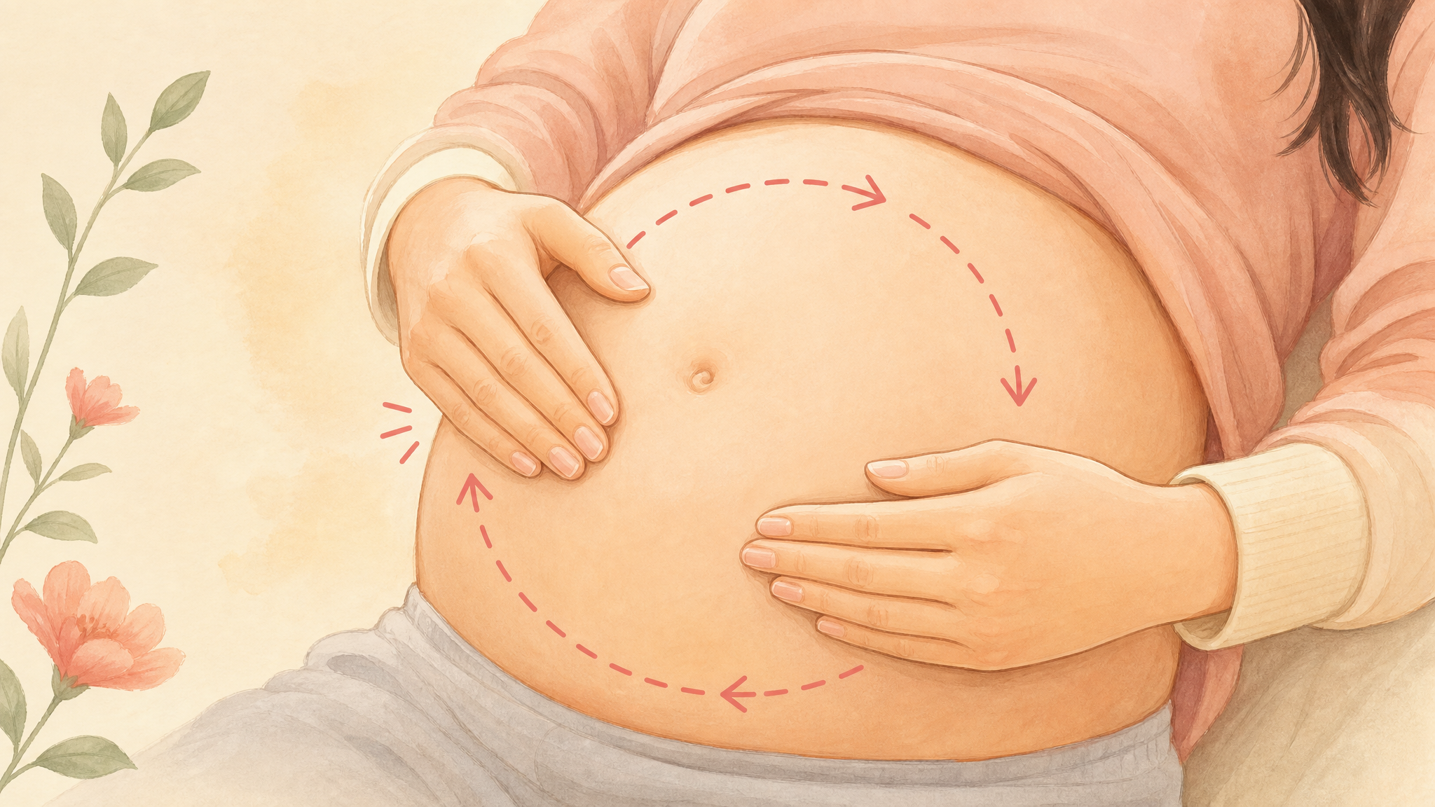 Hand-drawn illustration, soft beige background. Close-up of a Chinese pregnant woman's belly, a pair of warm hands gently pressing with fingertips. Cute dashed arrows indicating a clockwise circular motion. Warm and educational style, high resolution, soft pastel colors.