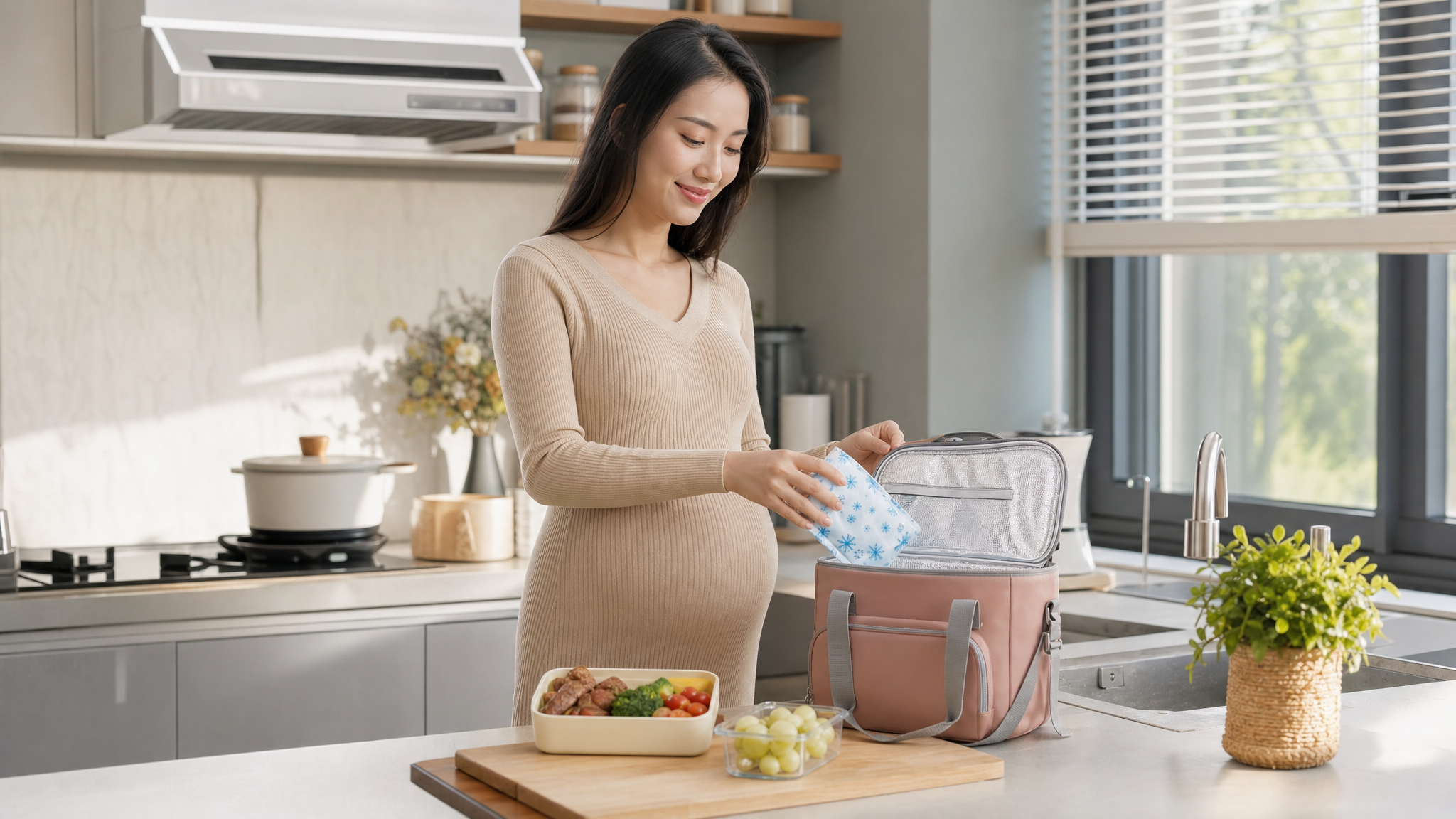 A photorealistic image of a beautiful Chinese pregnant woman in her 30s, smiling gently while packing a healthy bento box in a bright, modern kitchen. She is putting an ice pack into a stylish cooler bag. Soft morning sunlight filtering through the window, warm and cozy atmosphere, highly detailed, 8k resolution, photorealistic, shot on 35mm lens.