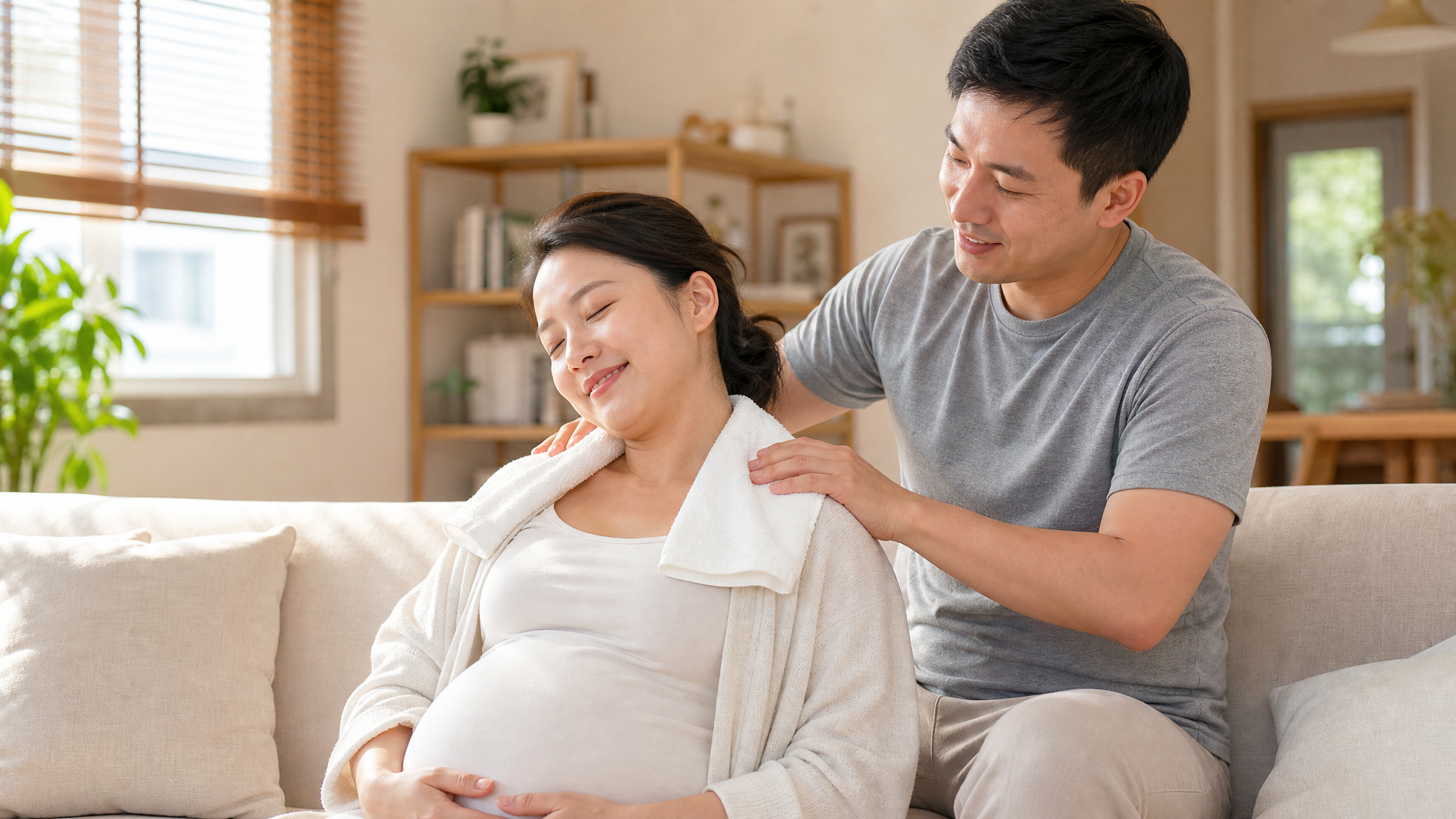A heartwarming, realistic photo of a loving Chinese husband gently massaging the shoulders of his pregnant wife at home. The wife has a warm towel on her neck and looks relaxed. Bright and airy living room, natural sunlight, warm tones, high quality, 8k.