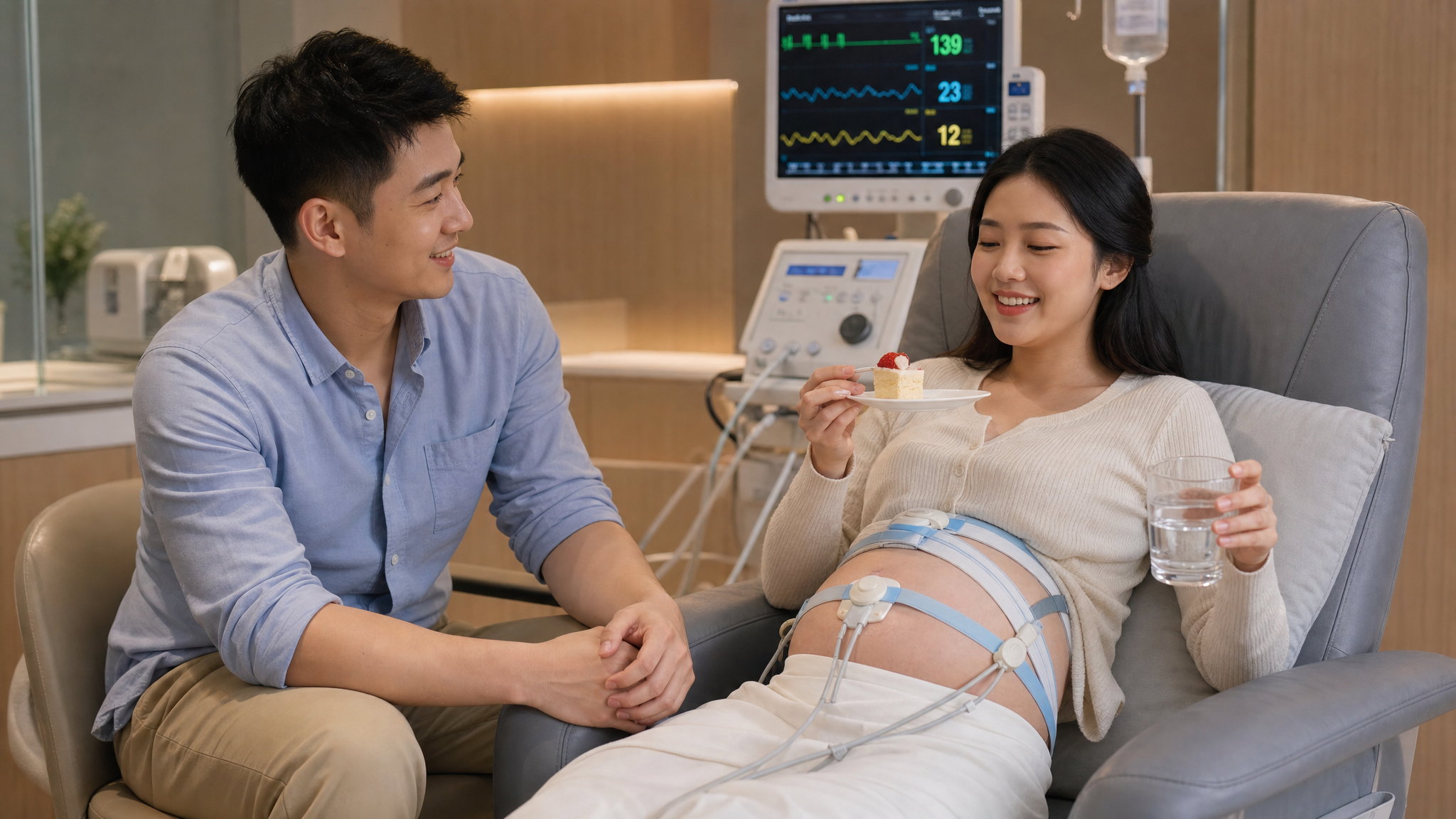 A beautiful Chinese pregnant woman sitting comfortably in a cozy medical room doing fetal heart monitoring, a medical belt around her belly. She is happily eating a small piece of cake and drinking water. A caring Chinese husband is beside her, smiling and holding her hand. Medical monitor in the background, soft warm lighting, photorealistic, 8k, highly detailed.