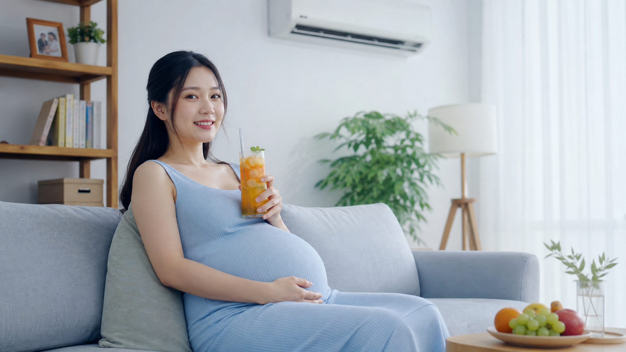 A beautiful Chinese pregnant woman relaxing in a bright, air-conditioned room in summer, gently holding a glass of iced fruit tea with a happy and relaxed smile. She is wearing comfortable light blue maternity clothes. Cozy home environment, soft cool-toned lighting conveying a sense of refreshing and safe temperature, photorealistic, ultra-detailed, 8k.