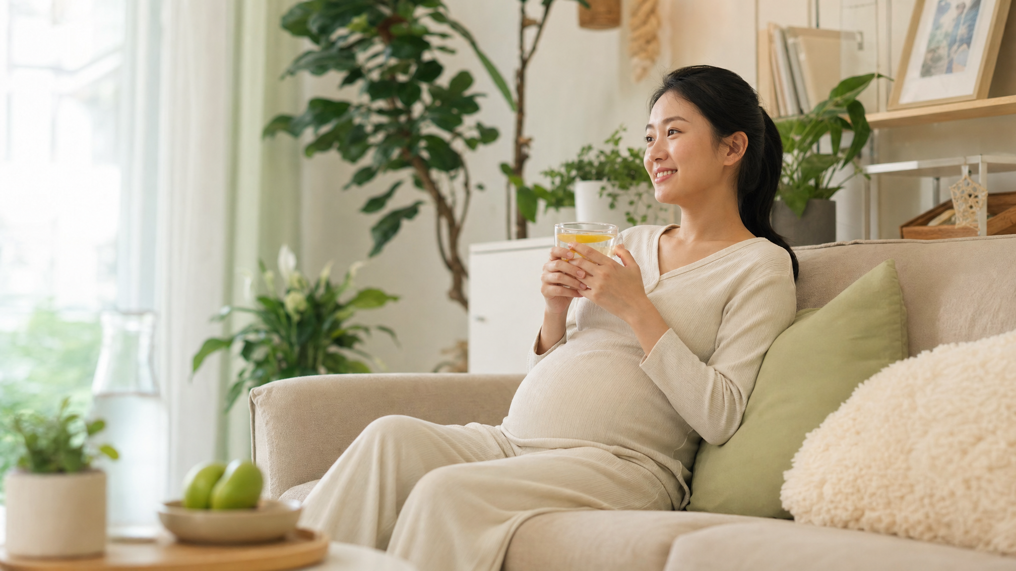 A beautiful young Chinese pregnant woman sitting comfortably on a soft beige sofa in a bright, modern living room. She is wearing light-colored, breathable cotton loungewear, holding a glass of warm lemon water with both hands, looking relaxed and relieved. Soft natural window light, fresh green and white tones, indoor plants in the background, 8k resolution, photorealistic, cinematic lighting, highly detailed.