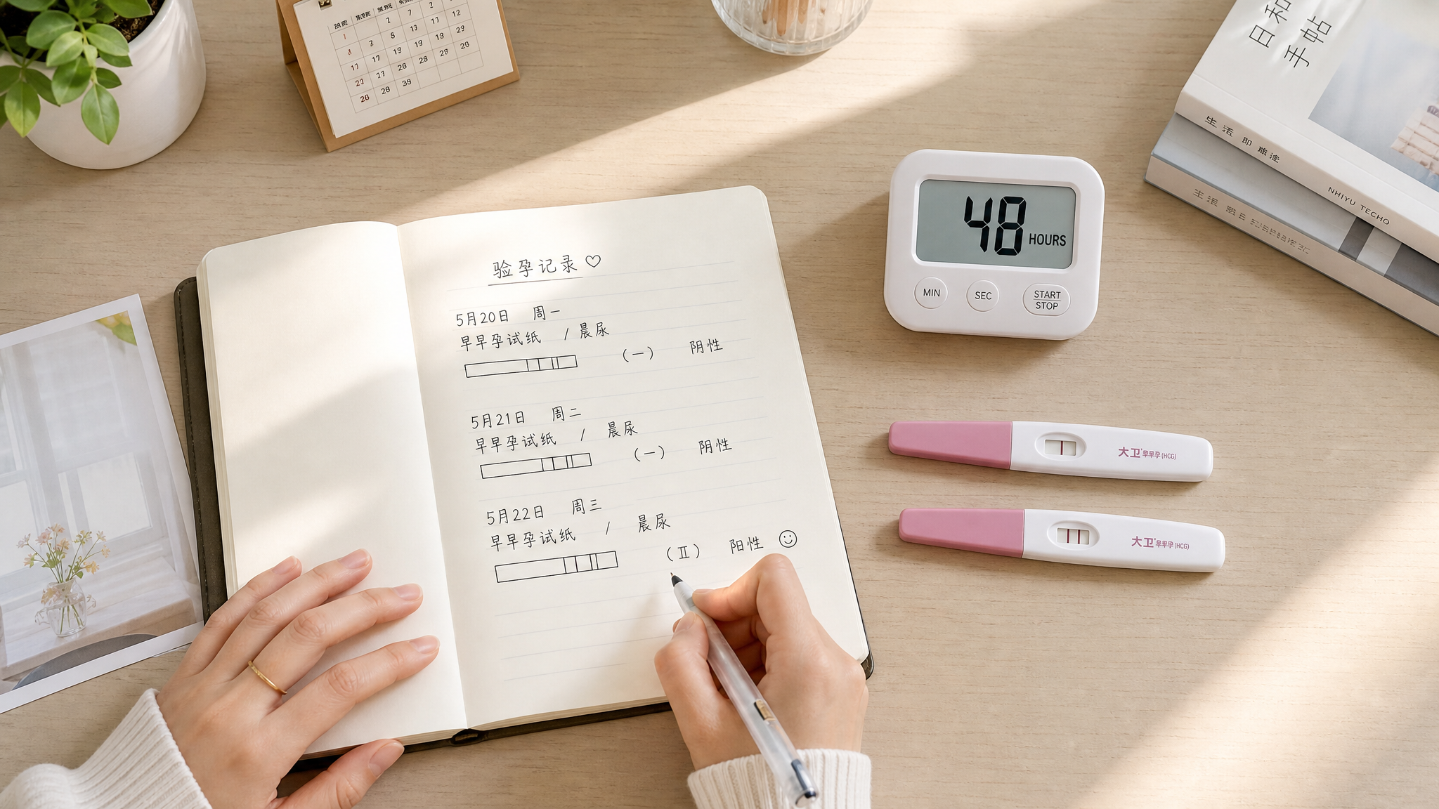 Top view, flat lay of a neat desk. A young Chinese woman's hands writing in a notebook, recording pregnancy test results. Two pregnancy test sticks placed neatly next to a digital clock showing 48 hours. Bright morning natural light, clean and aesthetic lifestyle photography, soft tones, highly detailed.