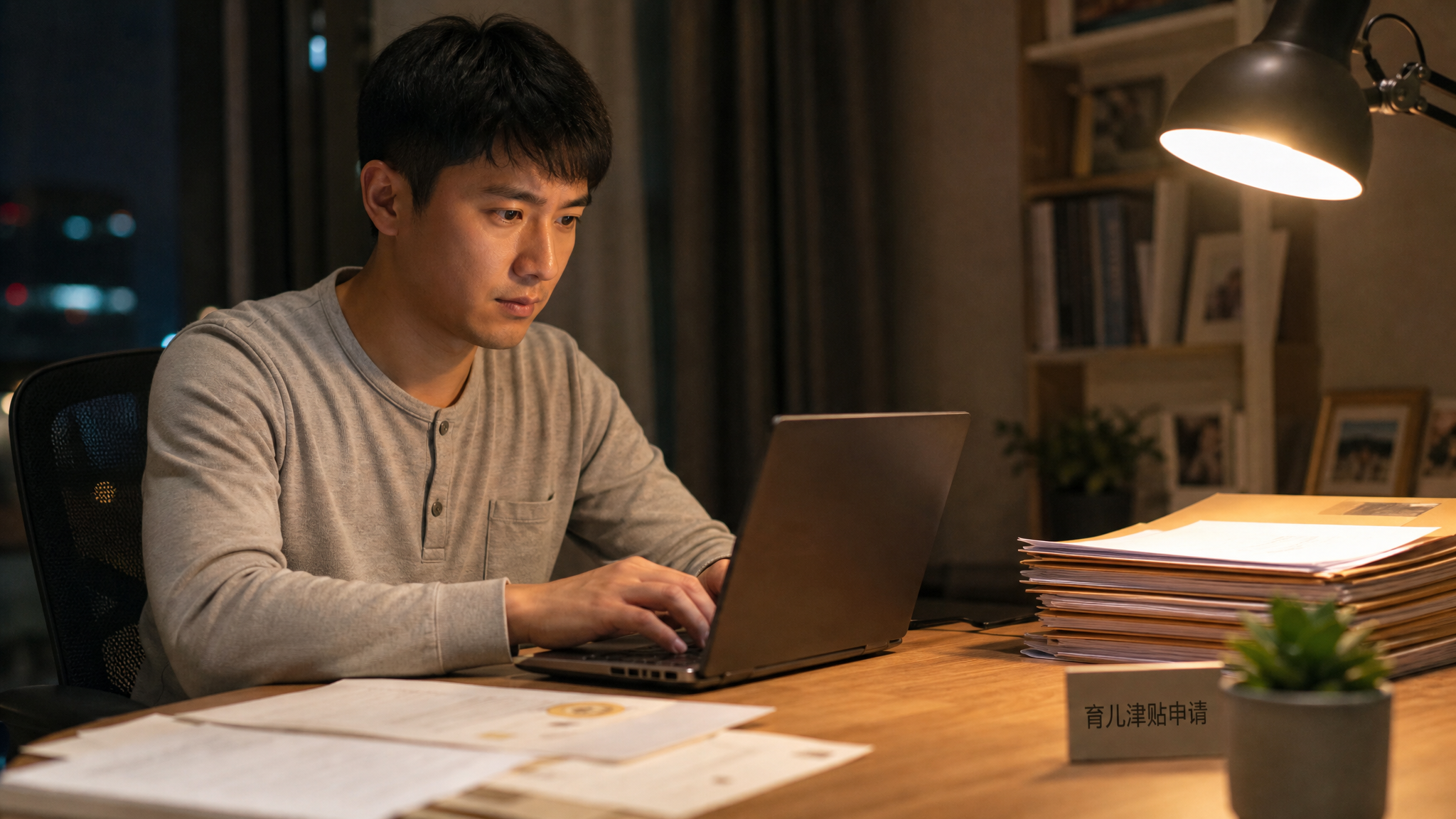 A realistic portrait of a responsible young Chinese father sitting at a home office desk, focused on his laptop screen, uploading documents for maternity allowance application. A stack of neatly organized folders is next to him. Warm desk lamp lighting, cozy evening vibe, showing care and responsibility. 8k, ultra-detailed, Midjourney style.