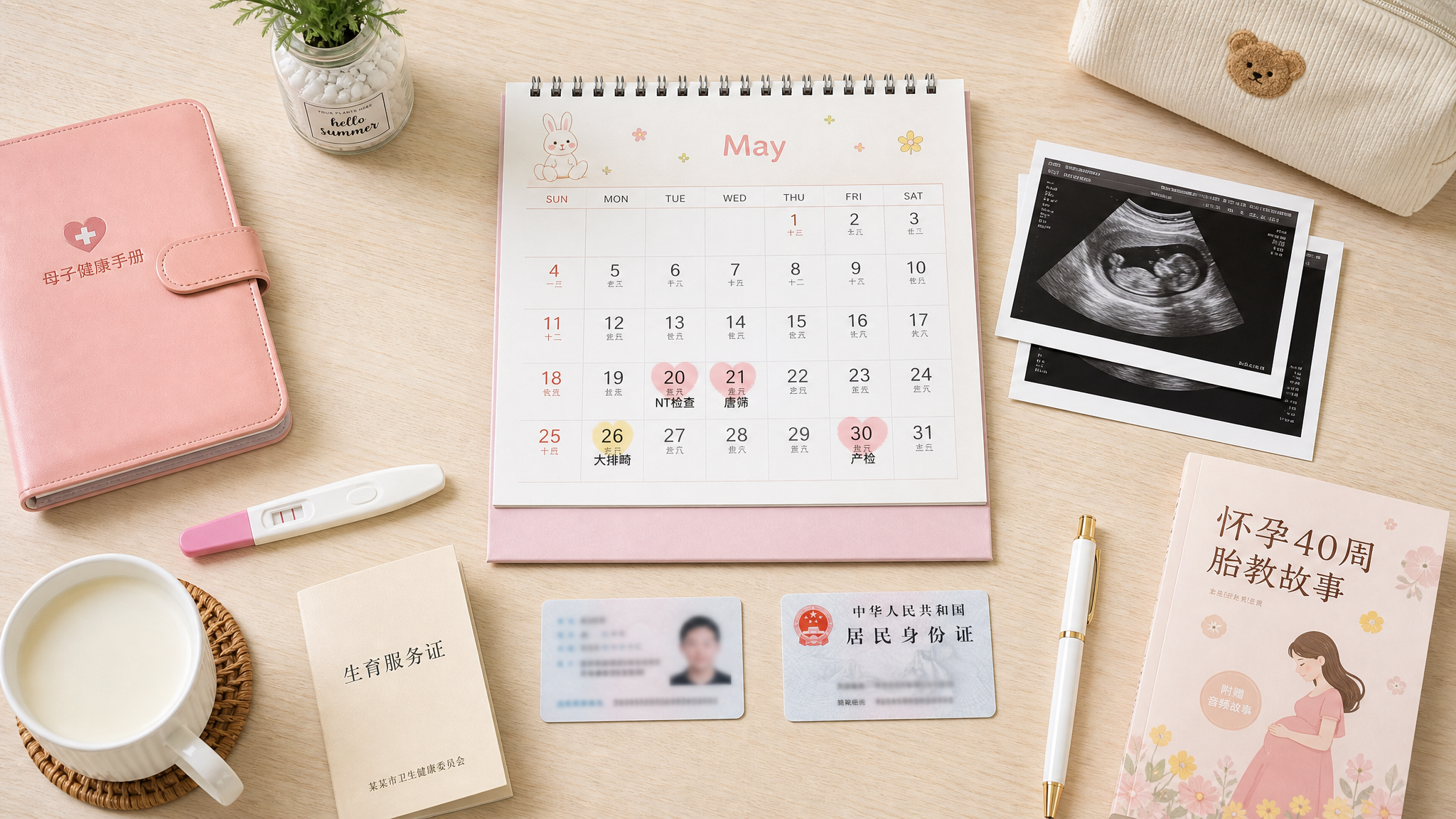A top-down view flatlay of a neat pregnancy preparation desk. Including a cute calendar with highlighted dates, Chinese ID cards, medical ultrasound printouts, and a cup of warm milk. Bright, clean, minimalist aesthetic, soft studio lighting, ultra-realistic, 8k. --ar 16:9