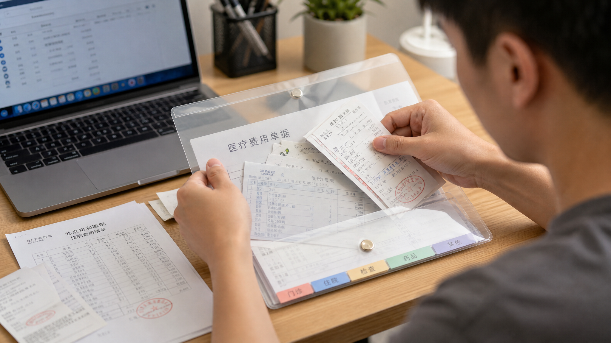 A close-up, high-quality shot of a neat desk. A young Chinese father's hands are carefully organizing various medical receipts, hospital bills, and official documents into a clear plastic folder. A laptop is open in the background. Soft indoor lighting, professional and organized atmosphere, highly detailed, 8k, photorealistic.