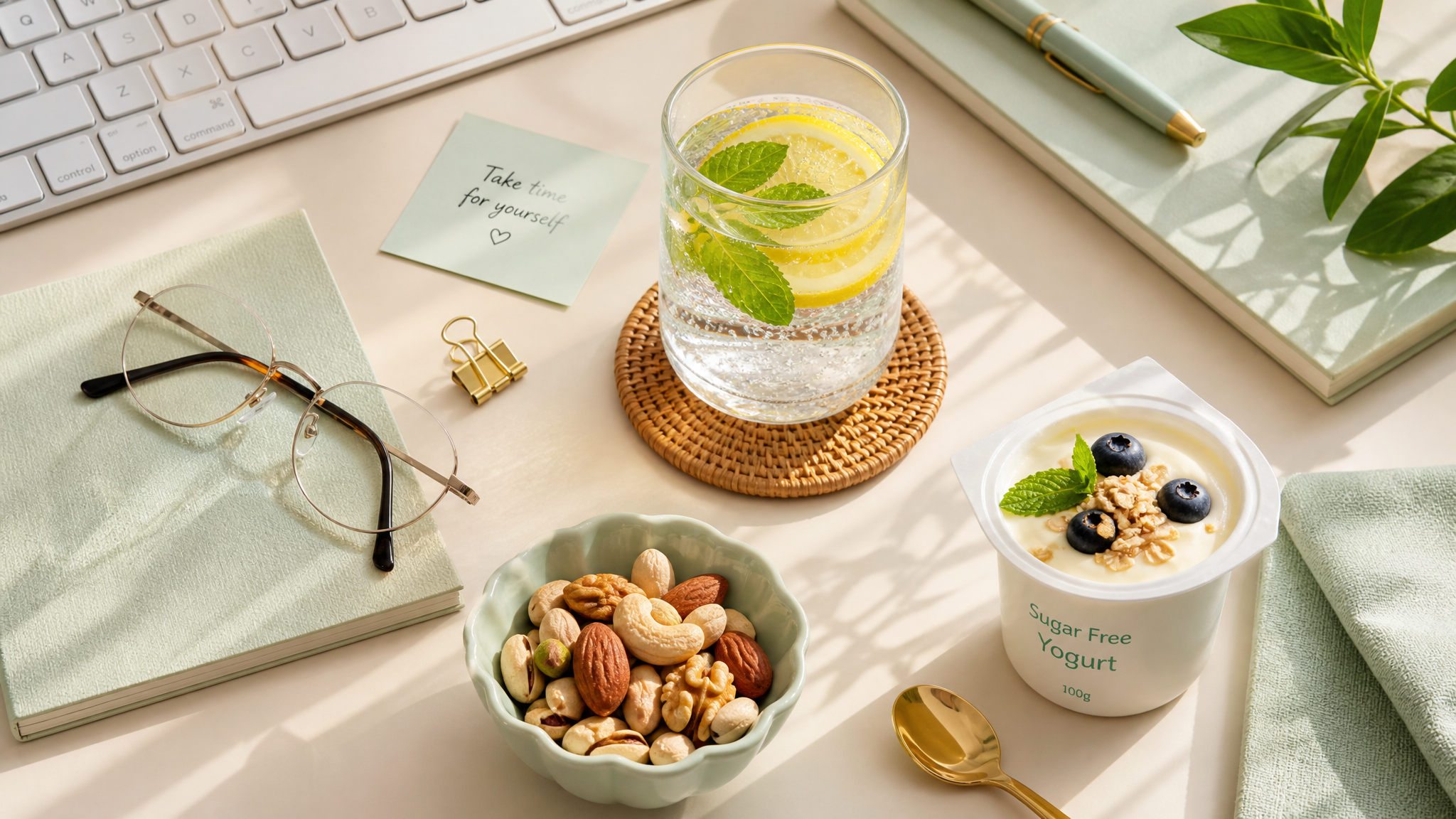 Aesthetically pleasing flat lay of a healthy office afternoon tea on a light beige desk. Includes a glass of sparkling water with mint and lemon, a small bowl of mixed nuts, and a cup of sugar-free yogurt. Soft pastel mint green and beige color palette, warm sunlight casting gentle shadows, highly detailed, food photography, Pinterest style, 8k. --ar 16:9