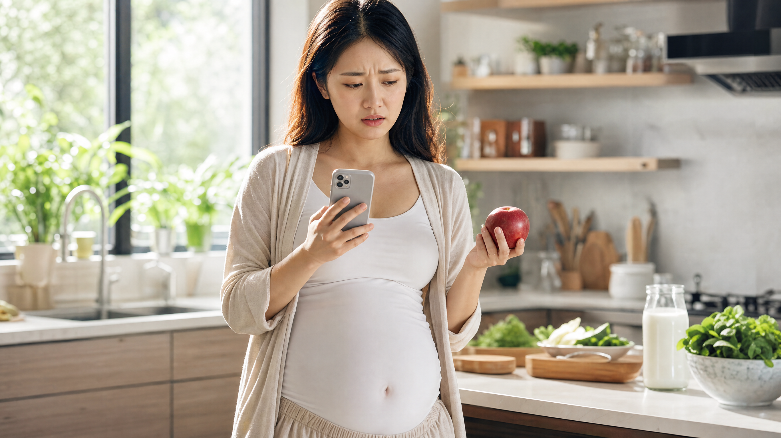 A beautiful Chinese pregnant woman standing in a bright, modern kitchen, holding an apple with a slightly anxious and confused expression, looking at her smartphone. Warm natural lighting, cinematic composition, highly detailed, photorealistic, 8k resolution.