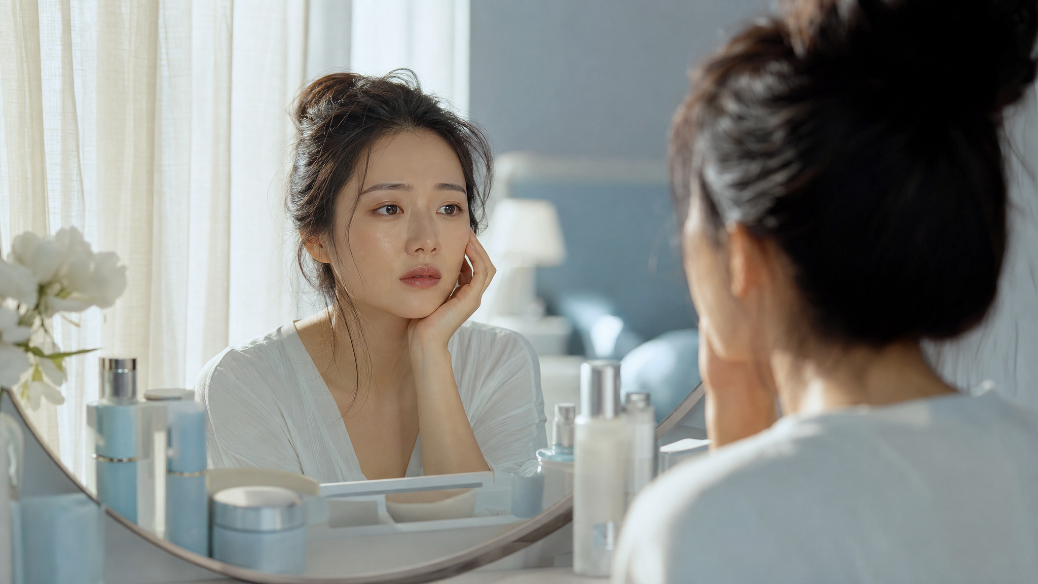 A cinematic shot of a young, beautiful Chinese mother sitting by a vanity mirror in a soft, warm sunlit room. She looks slightly melancholic and tired, gently touching her face. Soft blue and white color palette, healing and gentle aesthetic, realistic photography, highly detailed, 8k, Midjourney style.