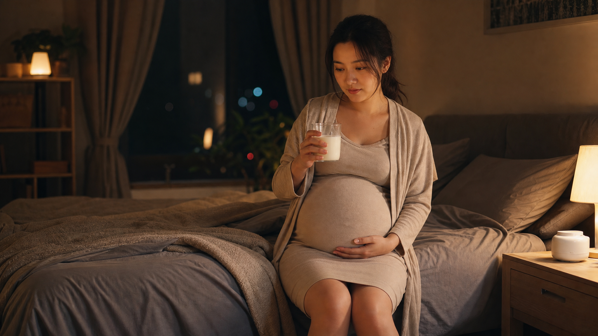 A photorealistic image of a beautiful Chinese pregnant woman sitting on the edge of her bed at midnight, looking slightly tired but gentle, holding her belly with one hand and a glass of warm milk in the other. Warm, dim bedside lamp lighting, cozy bedroom setting, high quality, 8k resolution, cinematic lighting, Midjourney v6.