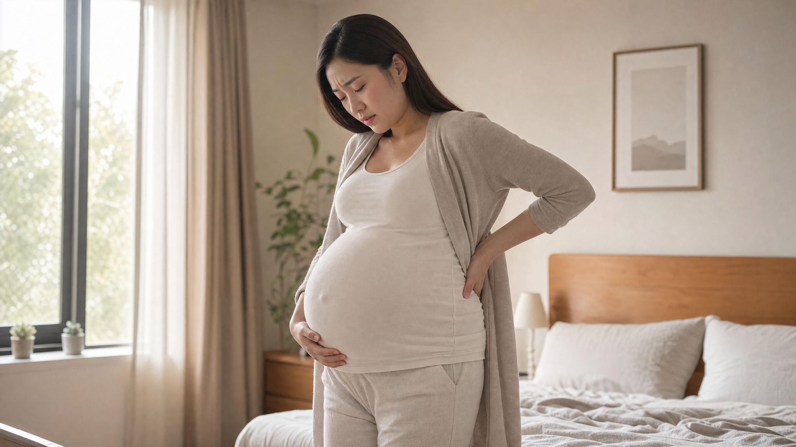 A realistic photography of a young Chinese pregnant woman standing by a bed in a cozy bedroom, holding her lower back and pelvic area with a slight expression of discomfort. Soft morning sunlight filtering through the window, warm and neutral tones, high resolution, 8k, cinematic lighting.