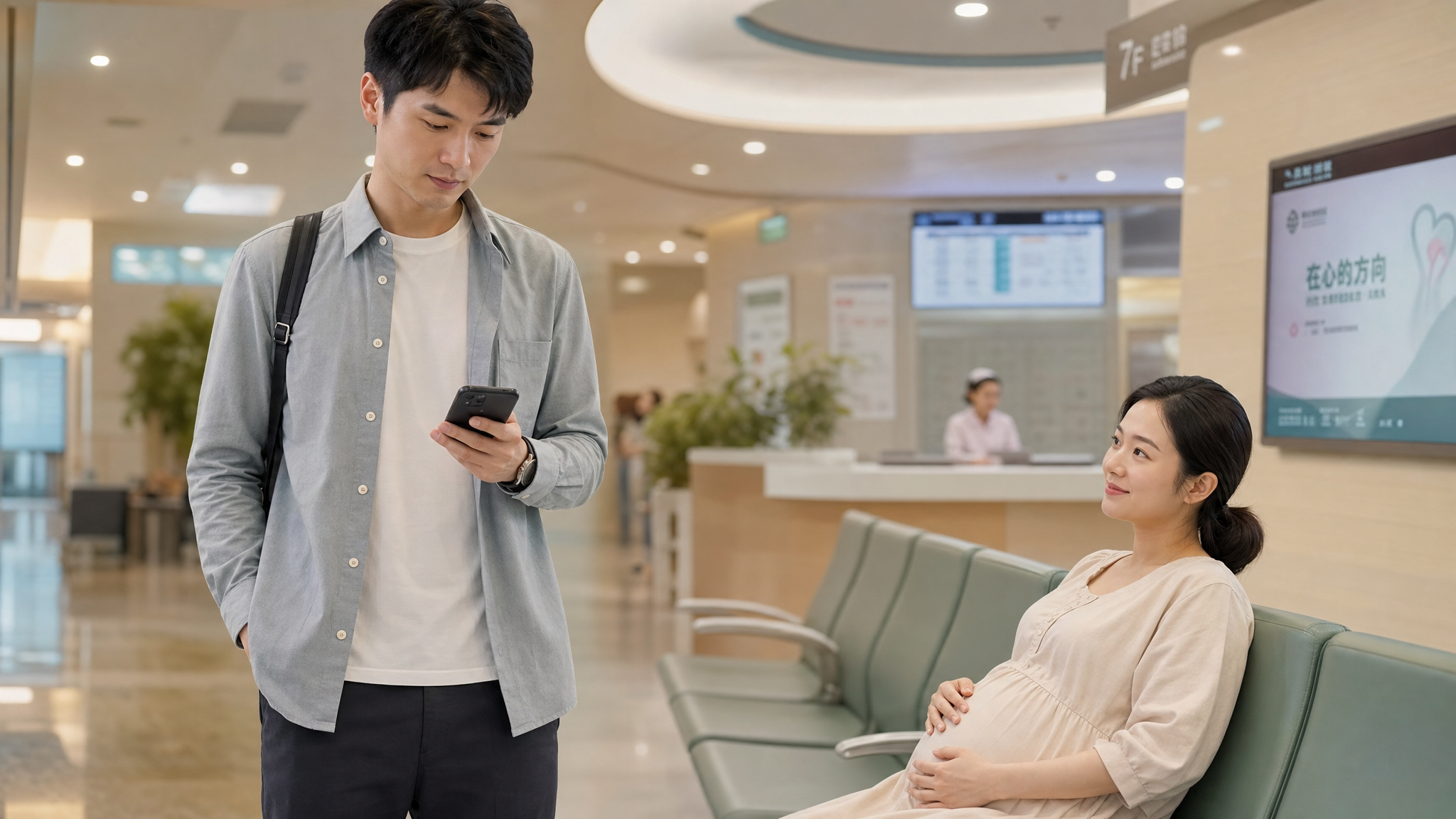 A caring young Chinese husband looking at his smartphone to check routes, standing in a modern hospital waiting area, while his pregnant wife sits comfortably on a chair resting, warm and supportive atmosphere, soft lighting, depth of field, ultra-realistic, 8k.