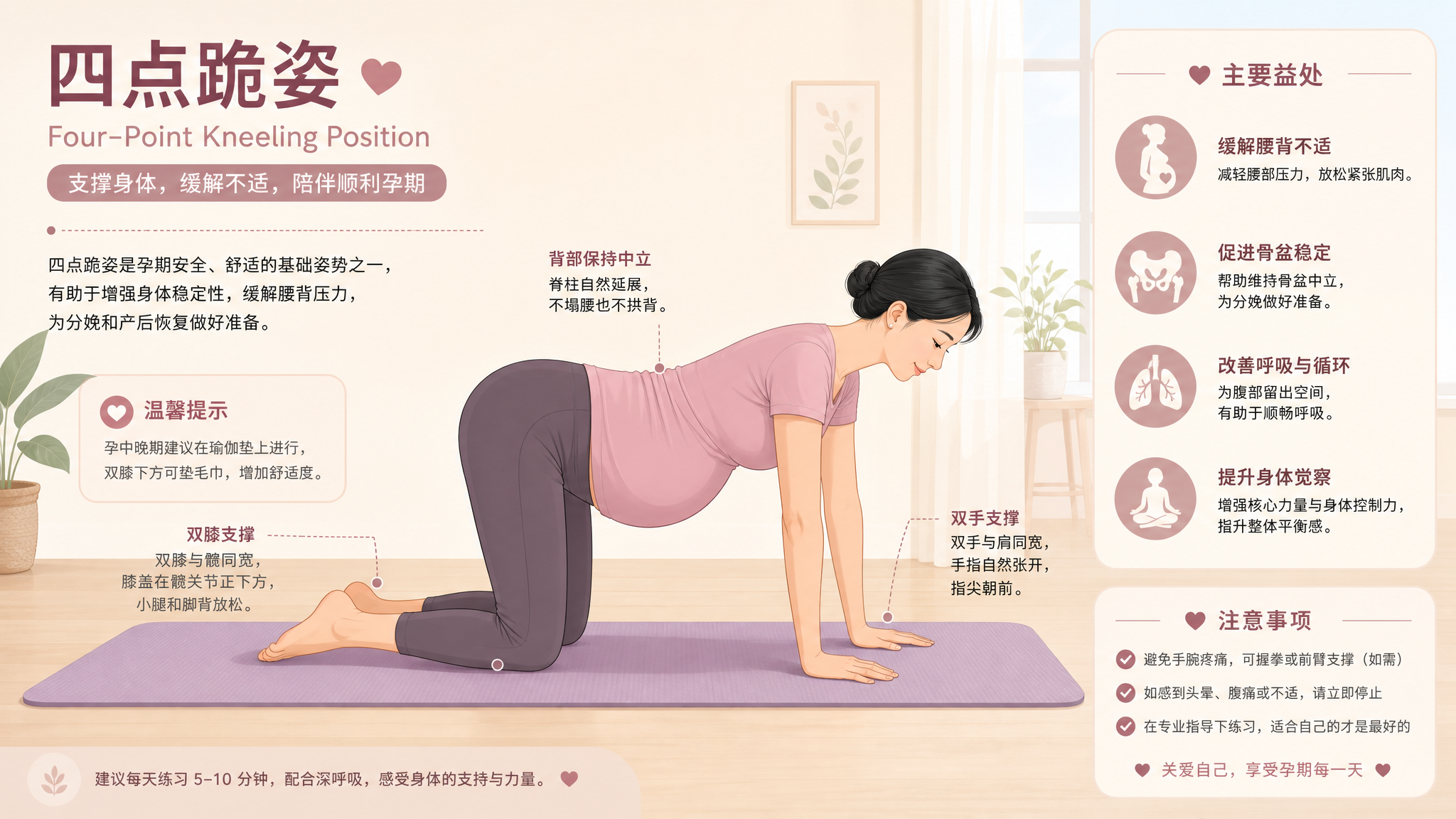A beautiful medical infographic style illustration of a Chinese pregnant woman demonstrating a four-point kneeling position on a yoga mat. Warm, soothing pastel colors, clean background, educational and comforting tone, vector art style, high quality. --ar 16:9