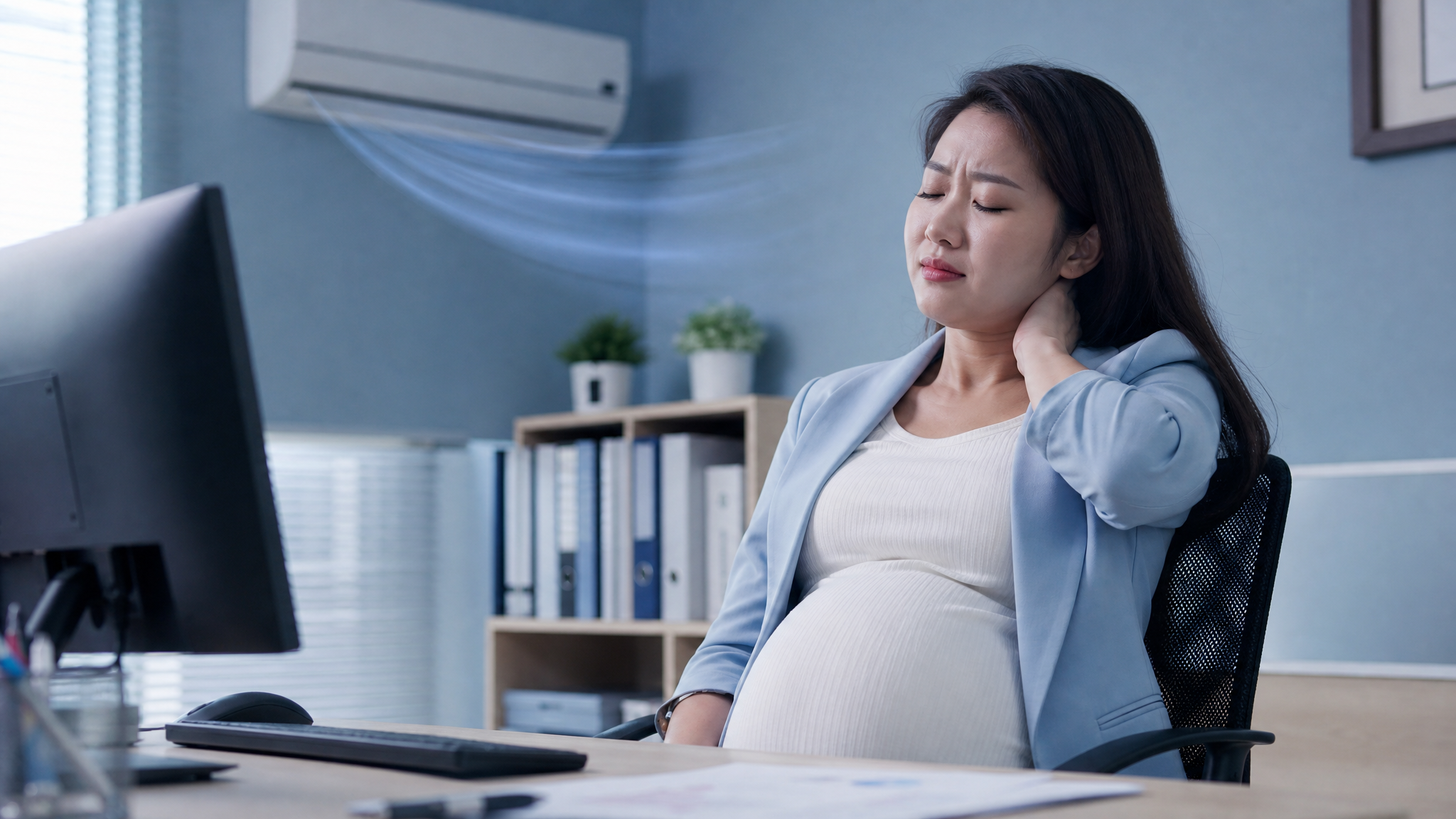 A high-quality, realistic photo of a young Chinese pregnant woman sitting at an office desk, looking slightly uncomfortable and rubbing her neck, with an air conditioner vent blowing cold air in the background. Soft indoor lighting, light blue and white color palette, cinematic feel, 8k resolution.