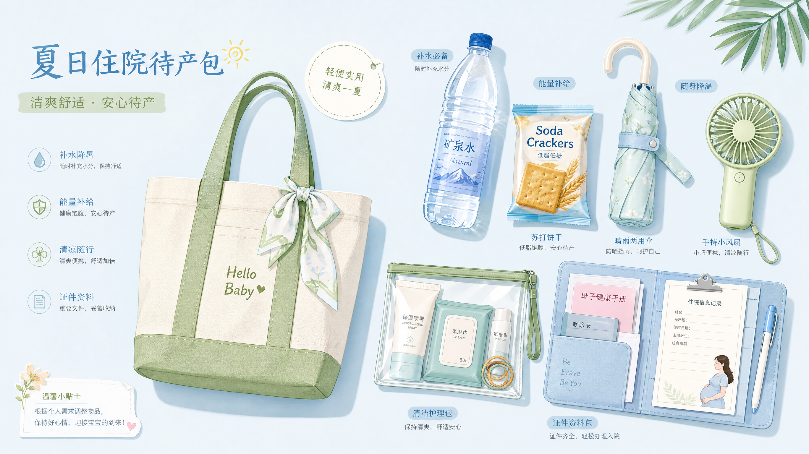 A flat lay style illustration of a summer hospital survival bag for a Chinese pregnant woman. Include a stylish canvas tote bag, a bottle of water, saltine crackers, a pastel-colored sun umbrella, a mini handheld fan, and a medical folder. Fresh light blue and green color palette, clean background, highly detailed, vector art style, soft lighting.