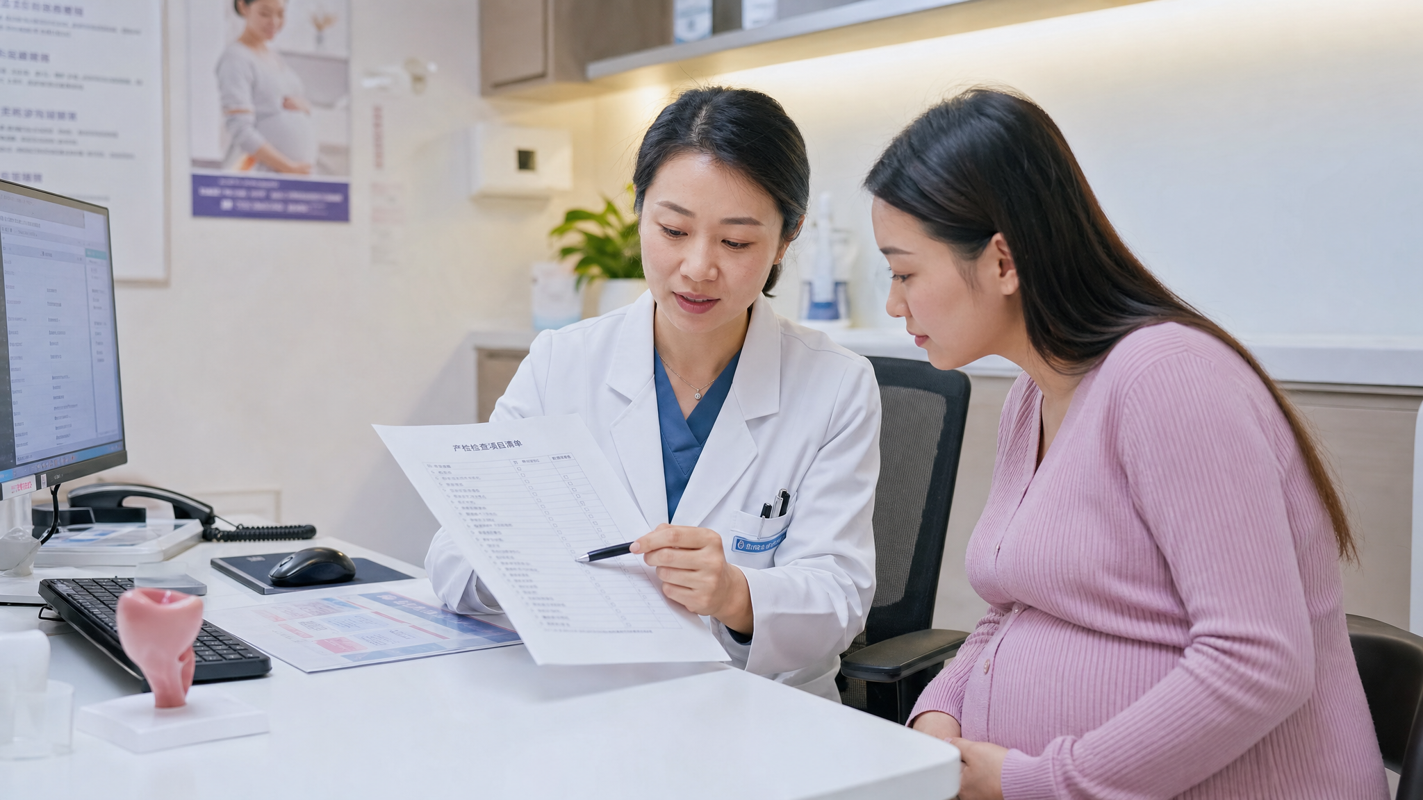 A professional and reassuring medical scene. A female Chinese doctor in a white coat is patiently explaining a medical checklist to a young Chinese pregnant woman in a bright, modern hospital consultation room. The doctor is pointing at a document with a pen. Soft medical lighting, trustworthy atmosphere, ultra-realistic, 8k, cinematic lighting.