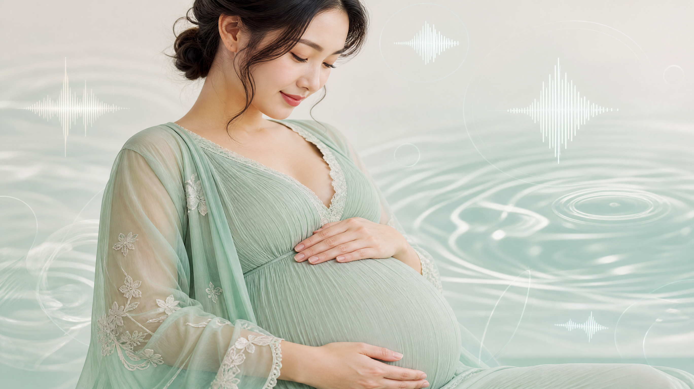 Close-up shot of a Chinese pregnant woman gently touching her belly with warm hands, soft pastel tones, mint green and creamy white color palette, translucent water ripple background elements, semi-transparent sound wave icons floating lightly, peaceful and loving mood, studio lighting, highly detailed, 8k, DALL-E style --ar 3:4